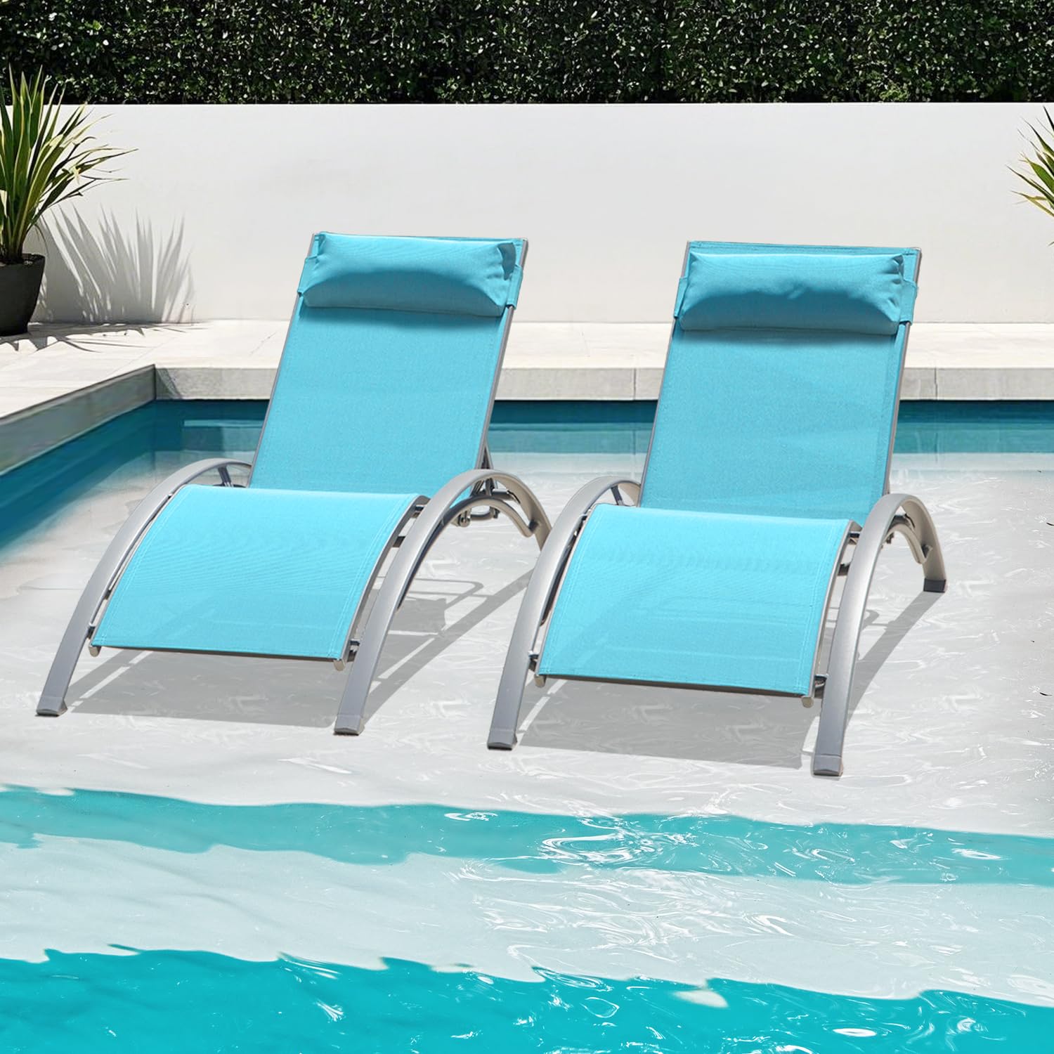 Domi Pool Lounge Chairs Set of 2, Adjustable Aluminum Outdoor Chaise Lounge Chairs, All Weather for Deck Lawn Poolside Backyard -Lake Blue Textilene