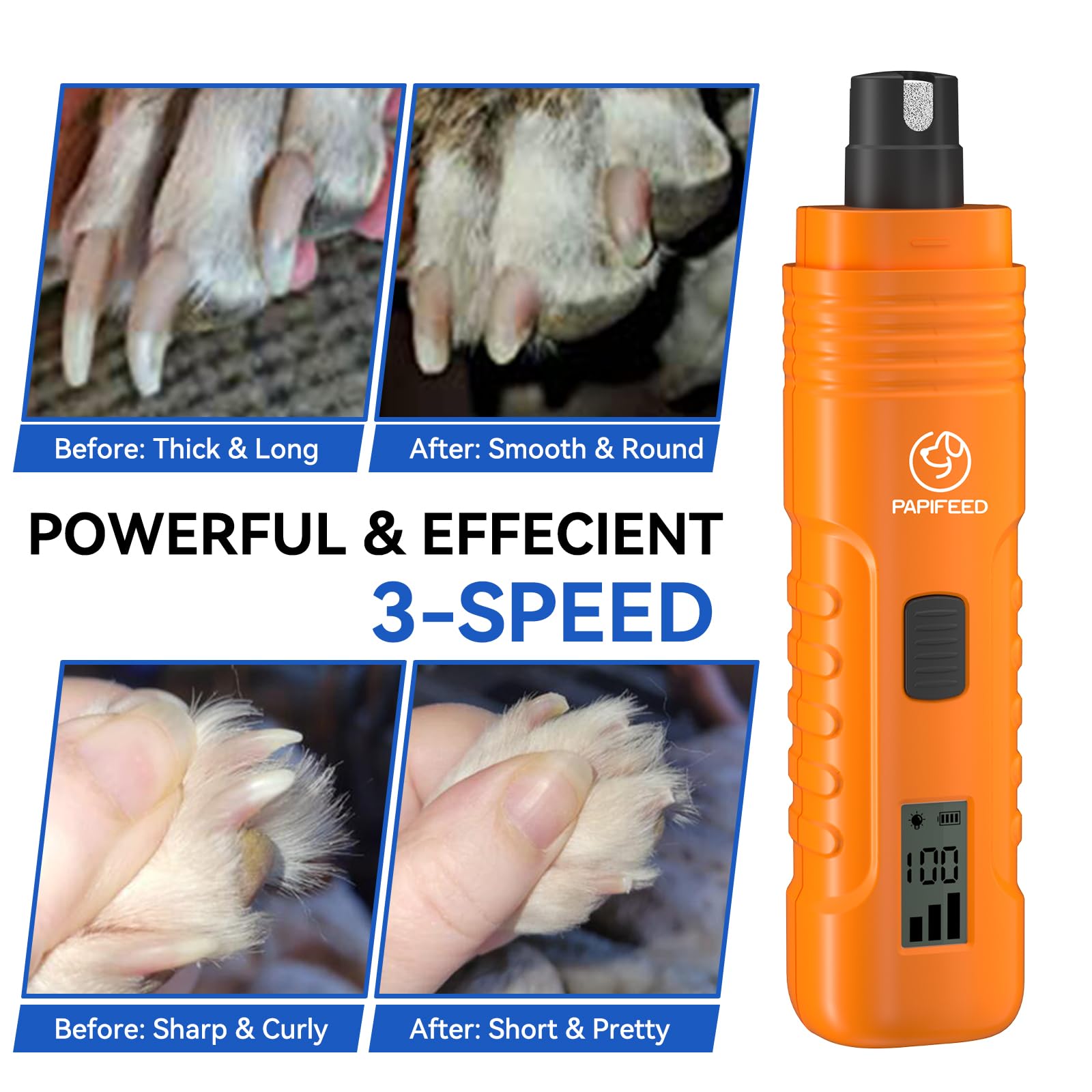 PAPIFFEED Dog Nail Grinder with LCD Display – Quiet Electric Nail Trimmer with Dual LED Light, Safe for Black & Thick Nails, Rechargeable for Small Medium Large Dogs & Cats (Orange) - image 6