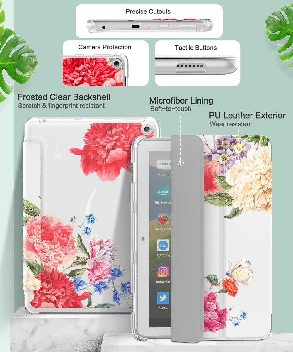 MoKo Case Fits Kindle Fire HD 8 & 8 Plus Tablet (10th Generation, 2020 Release), Smart Shell Stand Cover with Translucent Frosted Back - Flowers Blossom