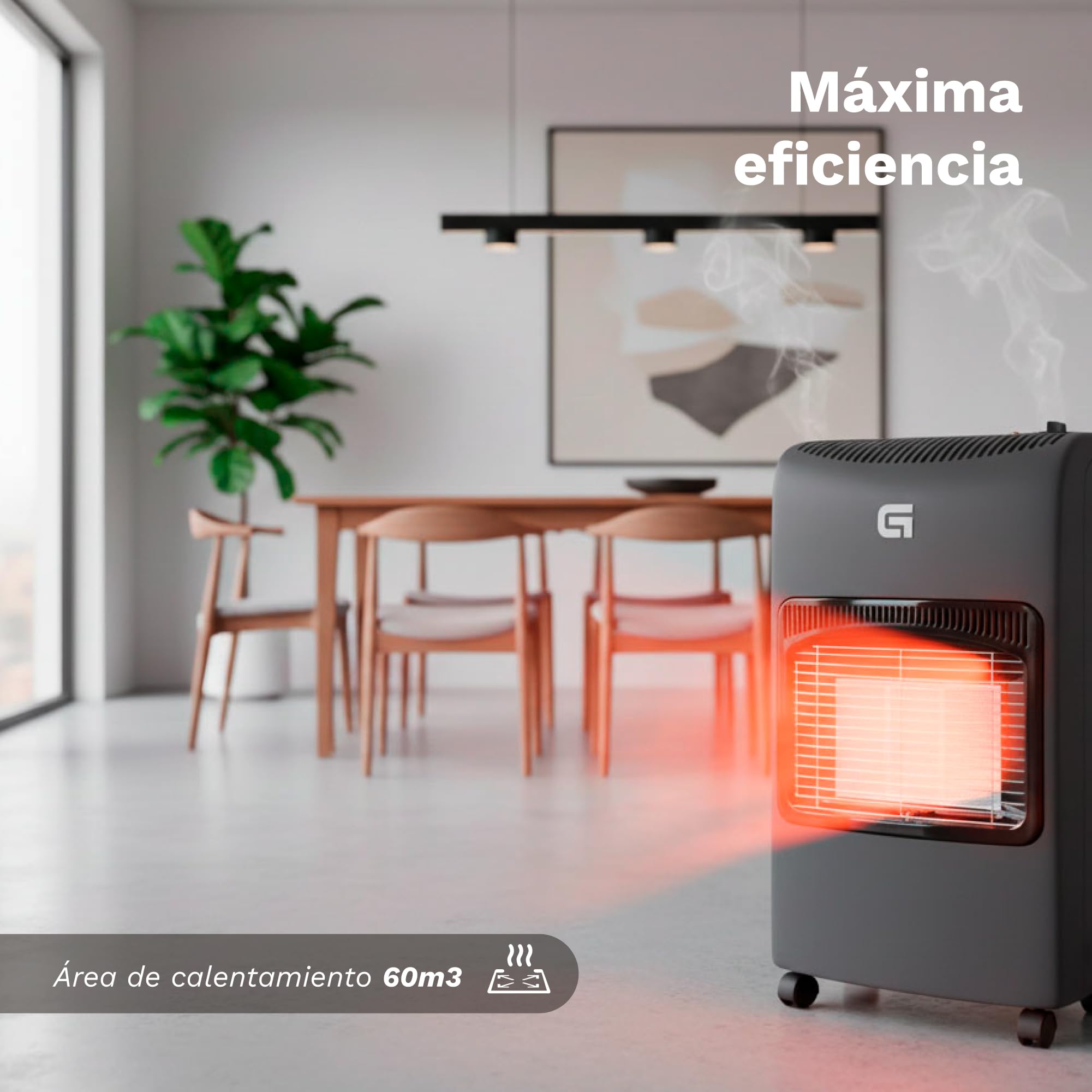 Estufa de gas butano plegable y portátil, Catalítica cerámica, 4200W, Sistema ignición piezoeléctrico, 3 niveles calor, cobertura 20-80m²- Apto bombonas 15kg (NO Regulador NO Tubo)