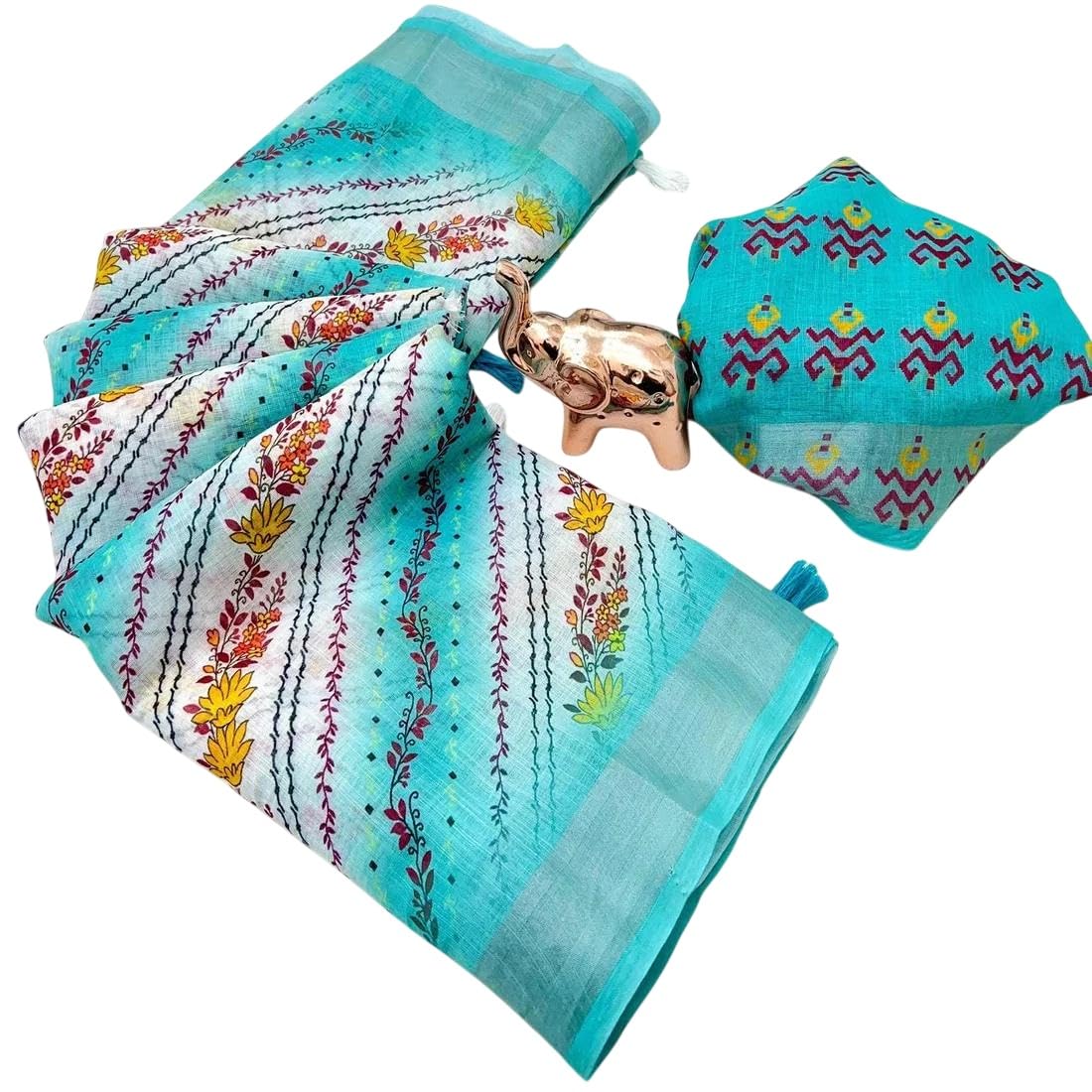 Rajeshwar Fashion Women's Lime Green Floral Print Linen Cotton Saree with Contrast Pallu, Tassel Border, Traditional Summer Festive with Blouse Piece