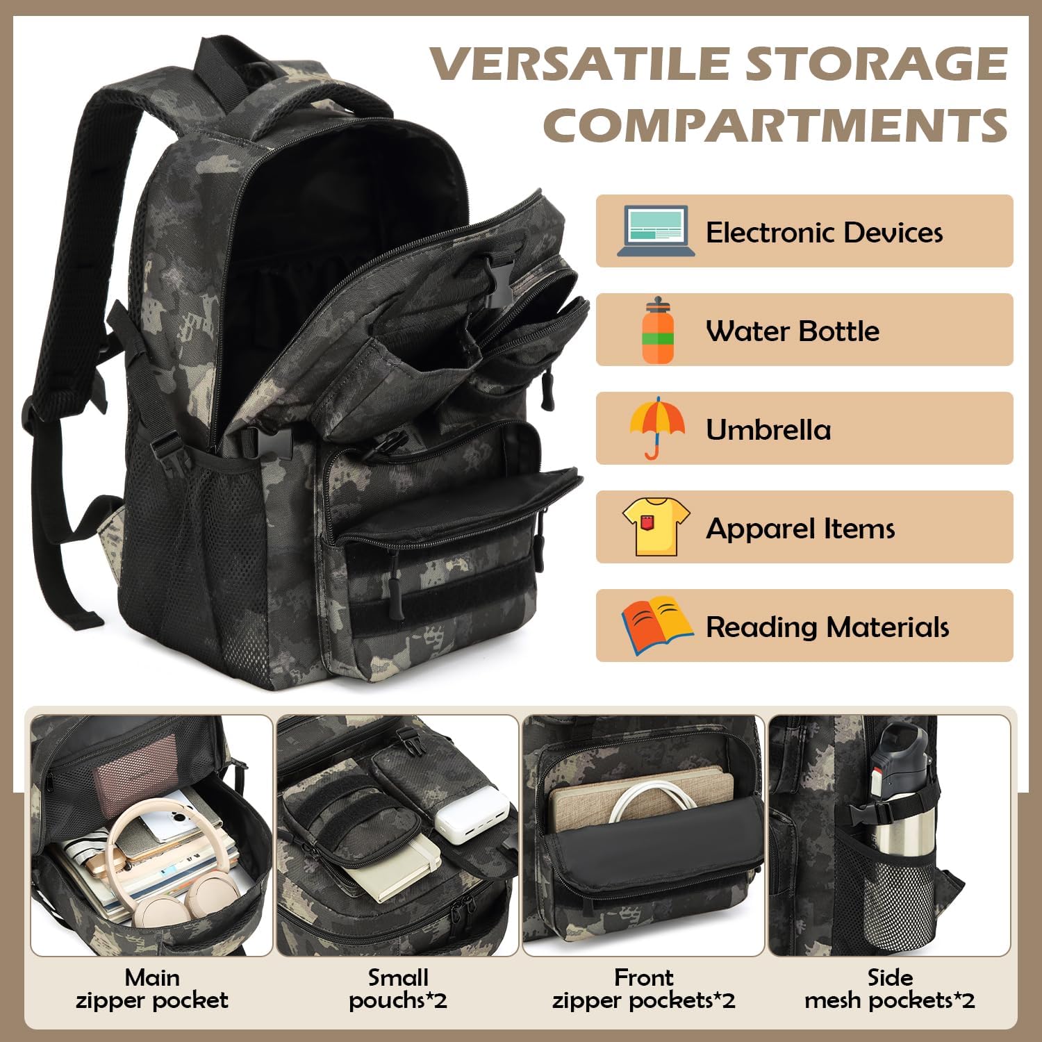 School Backpack for Boys, Tactical Kids Backpack, Military Army School Bookbag for Teens Kids Boy Elementary Middle High School Camping, Black CM