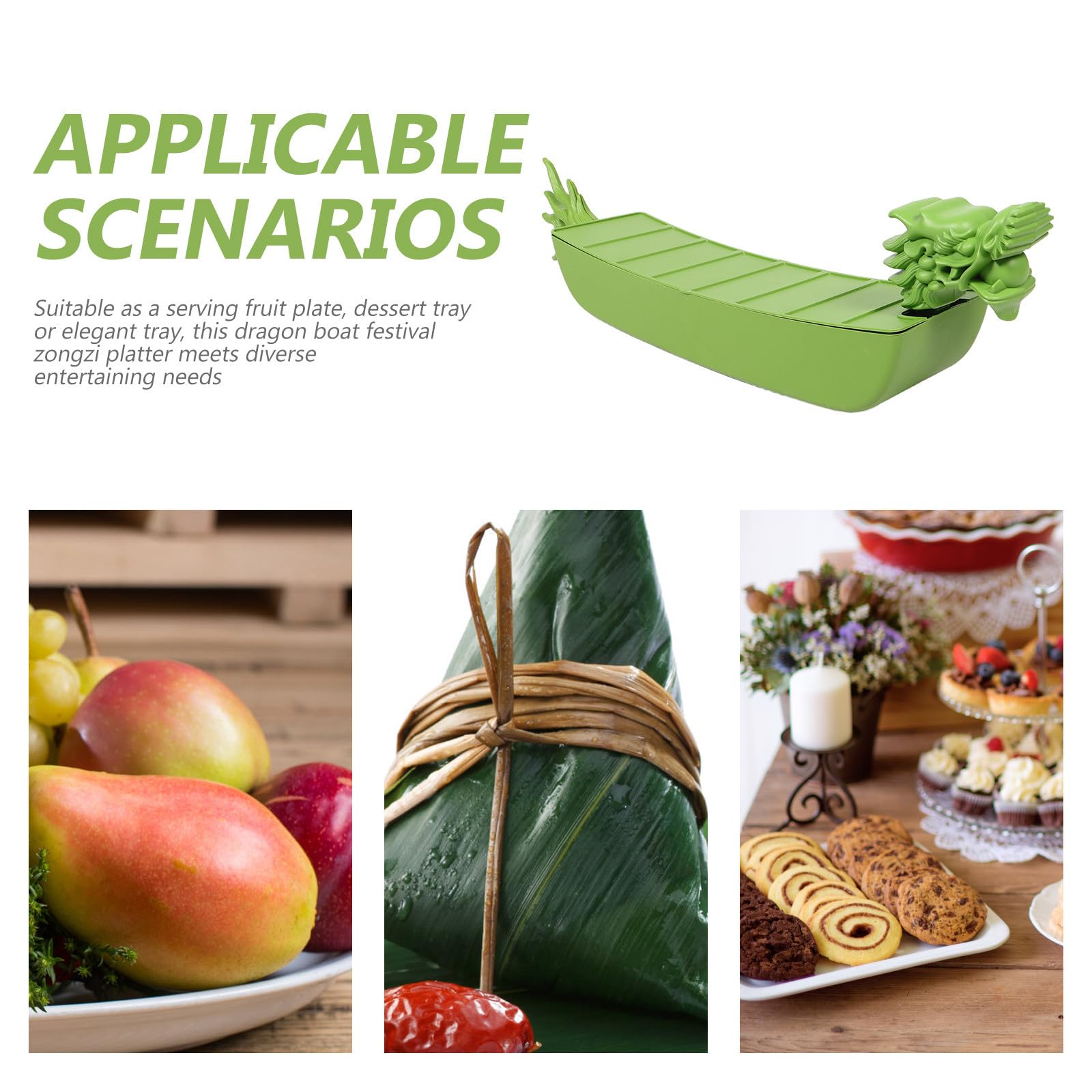 iplusmile Bandeja para Servir Forma de Barco Dragón para Zongzi | Verde, Plástico, 80x20x15cm, Apta para Snacks y Fruta, para Fiestas y Cenas Familiares