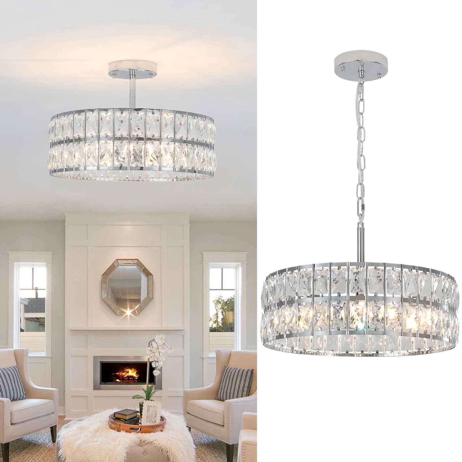 5-Light Chrome Round K9 Crystal Drum Pendant Light Fitting, Adjustable Suspension Chain Hanging Chandelier E14 Dimmable Lamp Holders, Semi-Flush Ceiling Lamp for Living Room Dining Bedroom Hallway — image 1