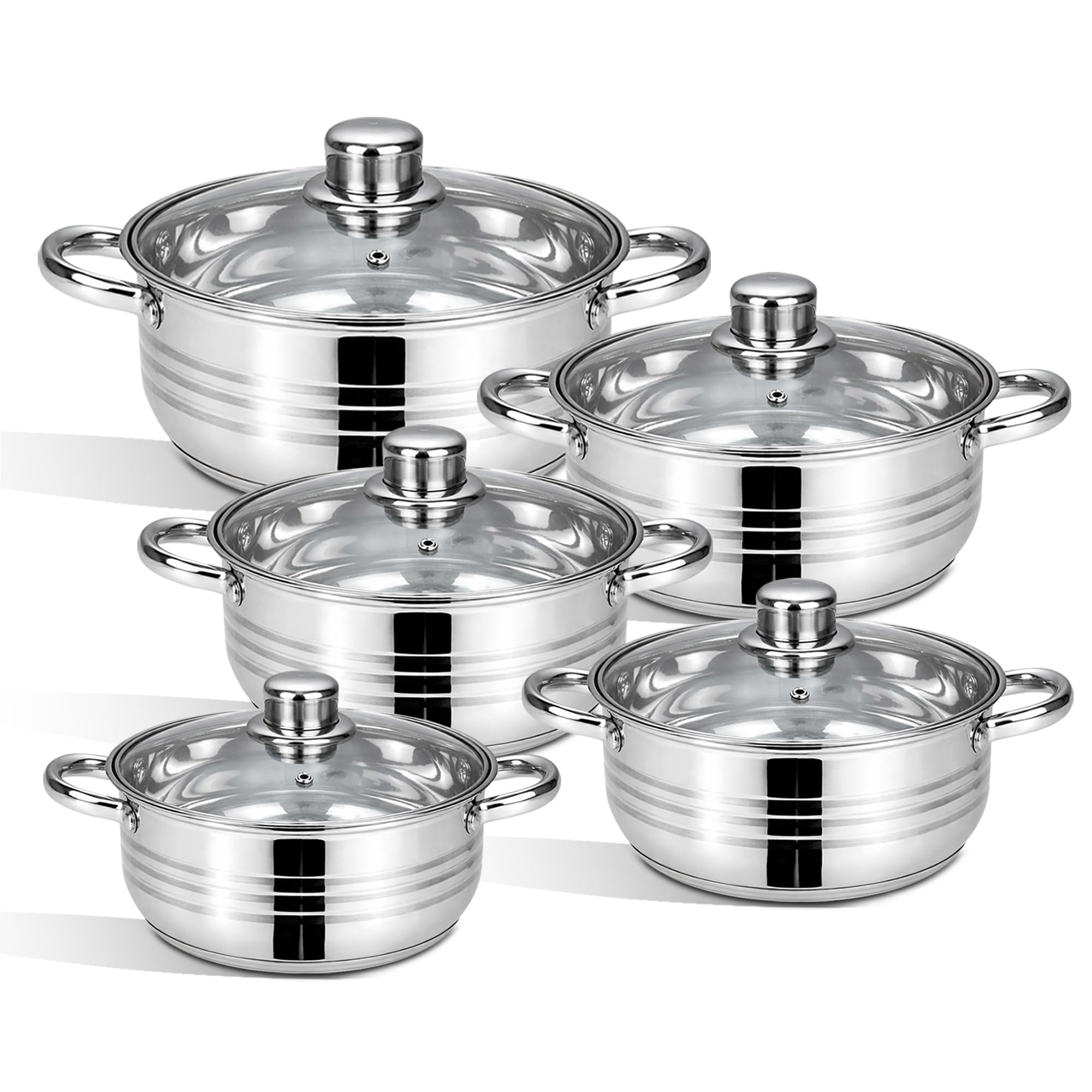 HOMSMYTH 10-Piece Stainless Steel Stockpot/Cookware Set Casserole Dishes with Glass Lids - Induction & Gas Compatible Cooking Pots (20cm, 22cm, 24cm, 26cm, 28cm) | Durable Cookware for Everyday