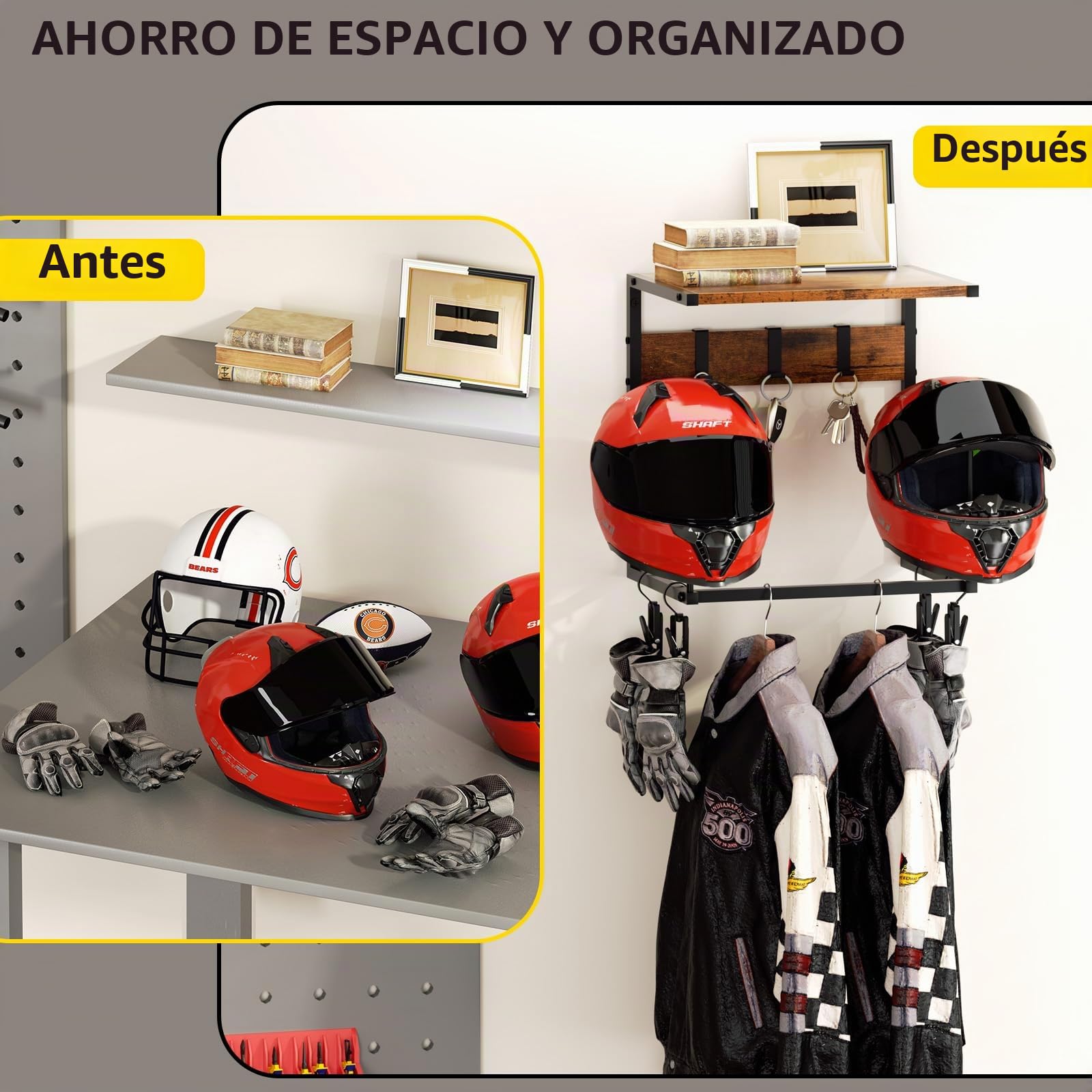 Urban Deco soporte casco moto, percheros pared con 2 soportes para gorras, soporte para cascos capacete moto, accesorios modular moto, almacenamiento de equipamiento para hombres, pequeño