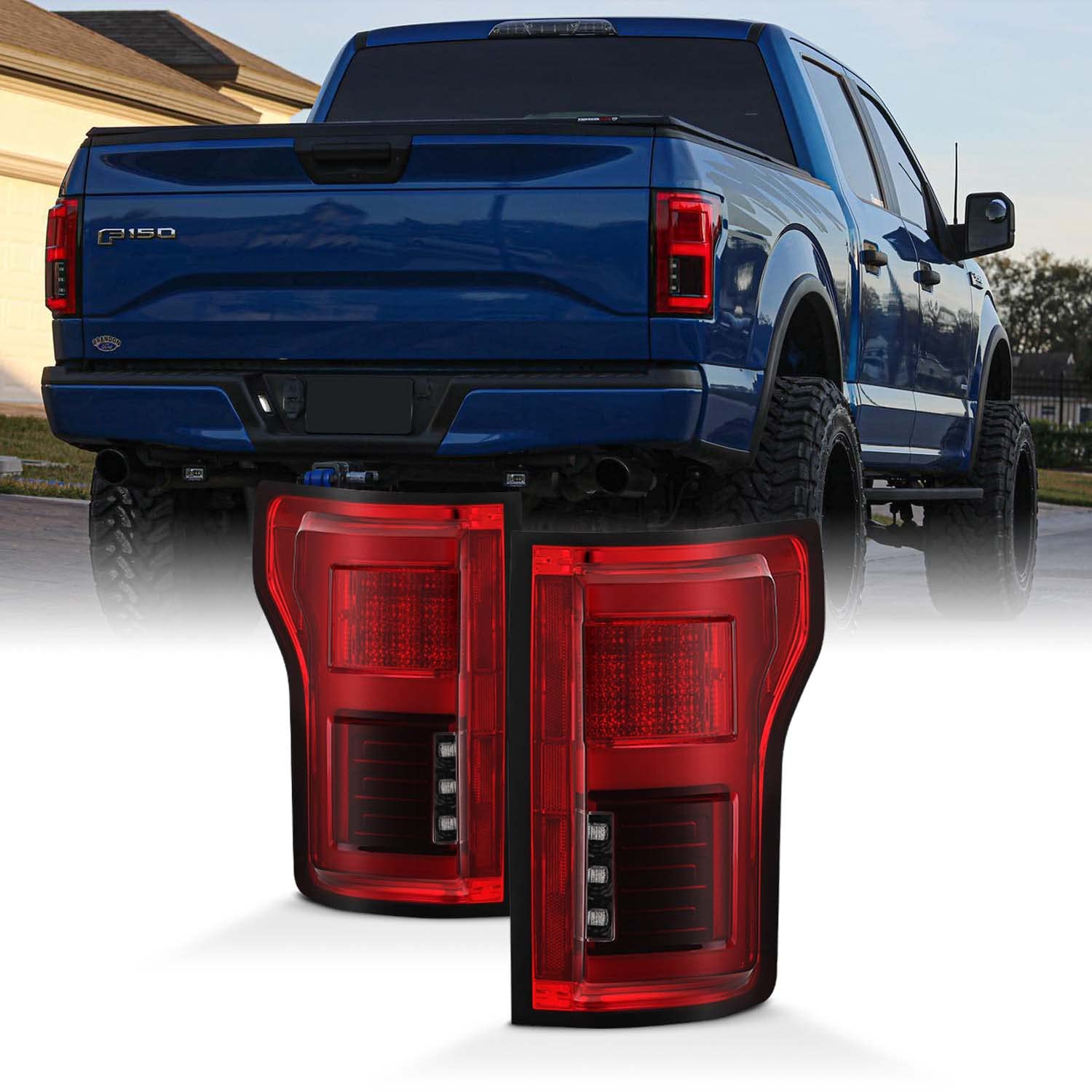 AKKON - For 2015-2017 Ford F150 Full LED Daytime Running Lamp Bar Tail Lights Chrome Housing Red Clear Lens Full Set