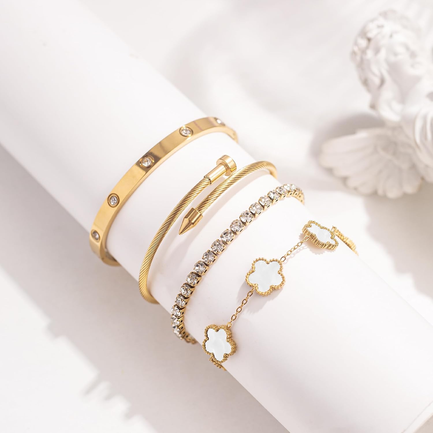 18K Gold Plated Womens Stackable Floral Gold Clover Bracelets Set Love Bangle Bracelets Non Tarnish, Nail Bracelet Set Trendy Jewelry,Gifts for Women's Day and Mother's Day - Image 7