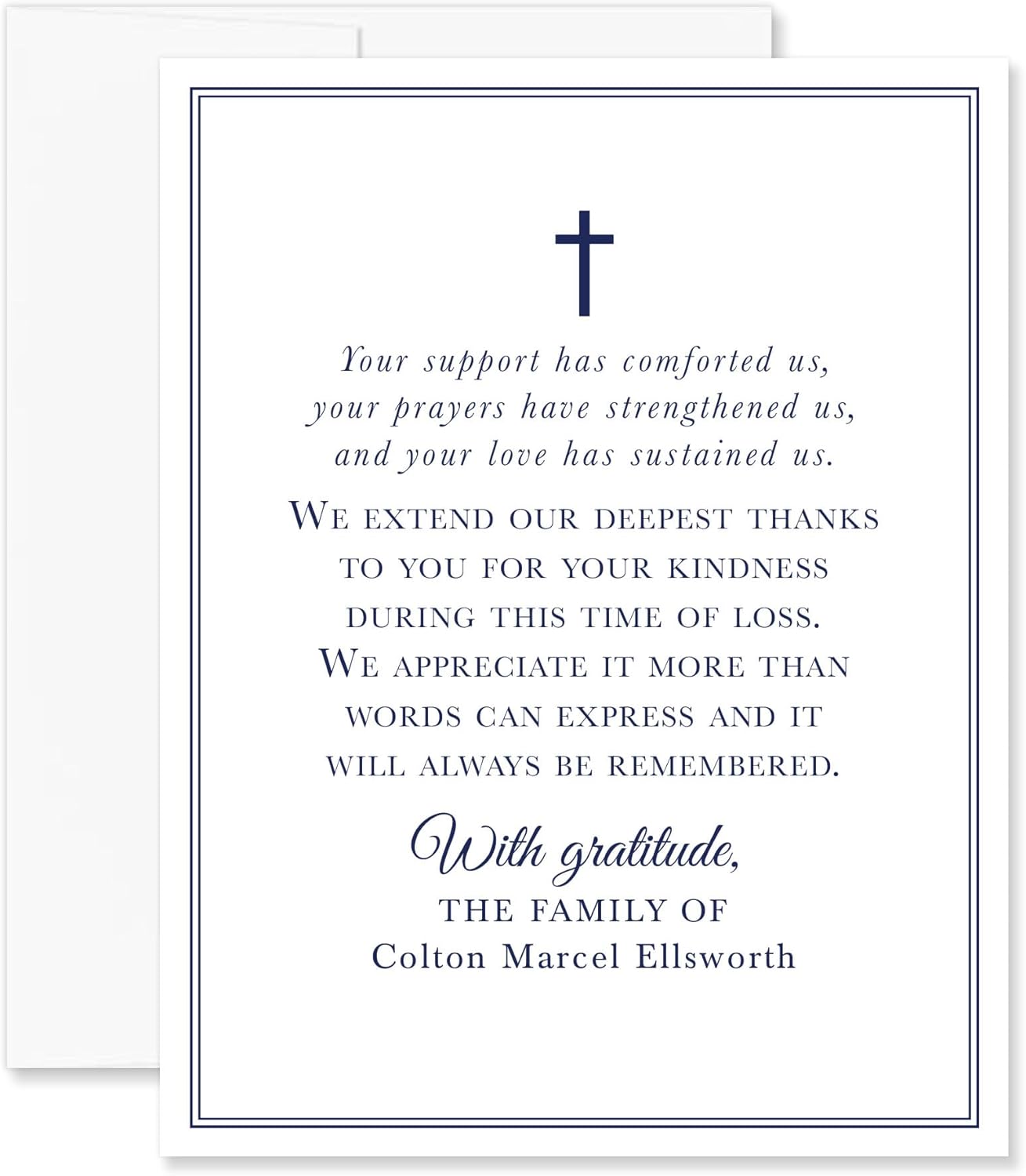 Navy Blue Funeral Thank You Cards with Cross, Personalized 4.25x5.5 Sympathy Acknowledgement Cards with Envelopes