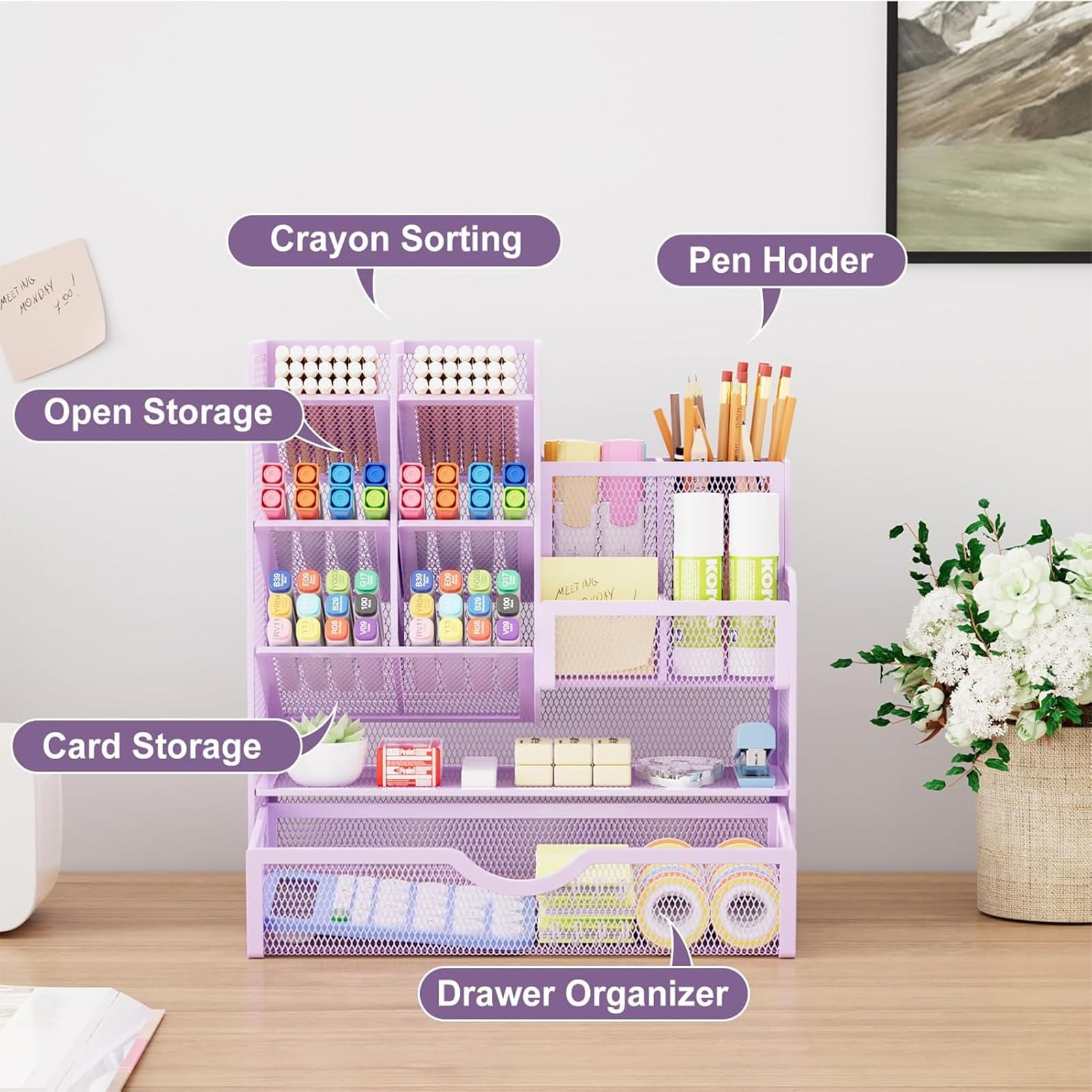 Marbrasse Organizer Scrivania in Rete,Organizer per Cancelleria,Multifunzione Porta Penne con Cassetto,Portaoggetti da Scrivania per Casa Ufficio(Viola)