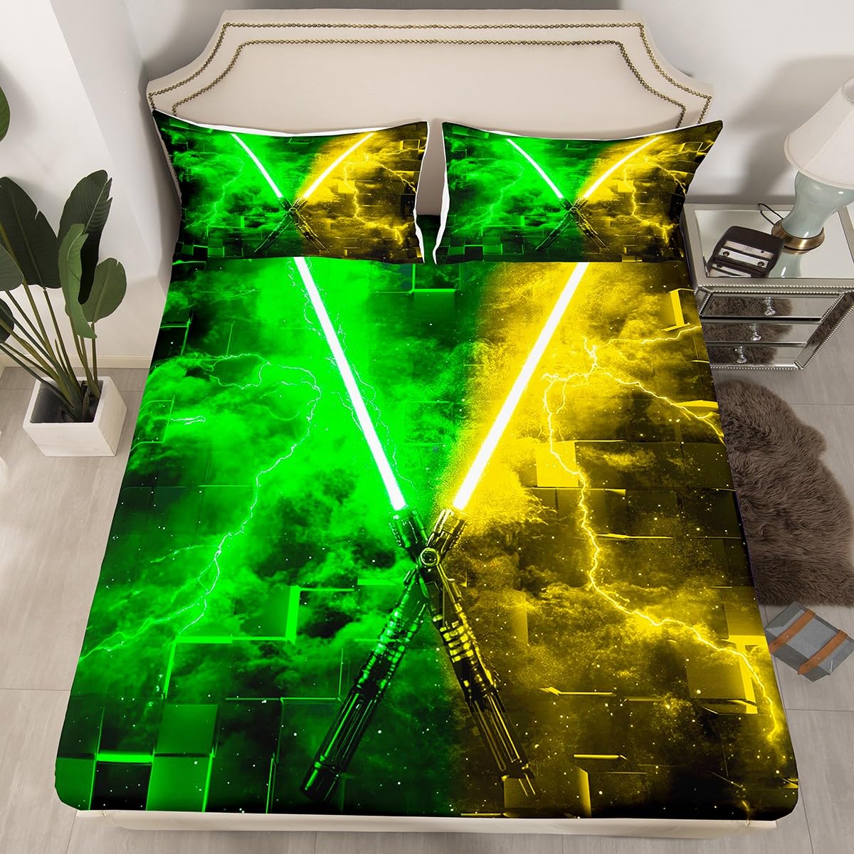 Modern Green and Yellow Fitted Sheet Queen Lightsaber Bed Sheets,Glowing Lighting Neon Gradient Sheets for Kids Boys Teen Girls Room Decor,Geometric Striped Line Bed Set
