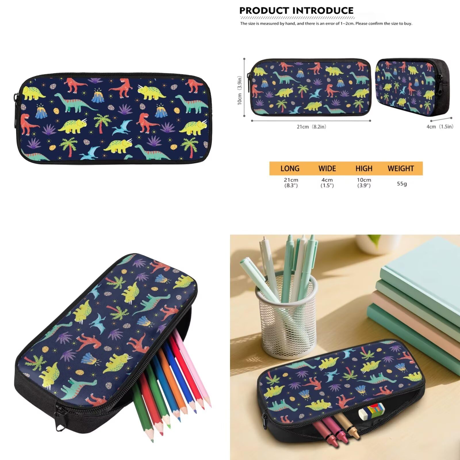 Zaino per bambini a forma di cartone animato per libri scolastici con borsa per il pranzo, astuccio per matite, custodia per bottiglie, portachiavi con ciondolo, set, Dinosauro cartone
