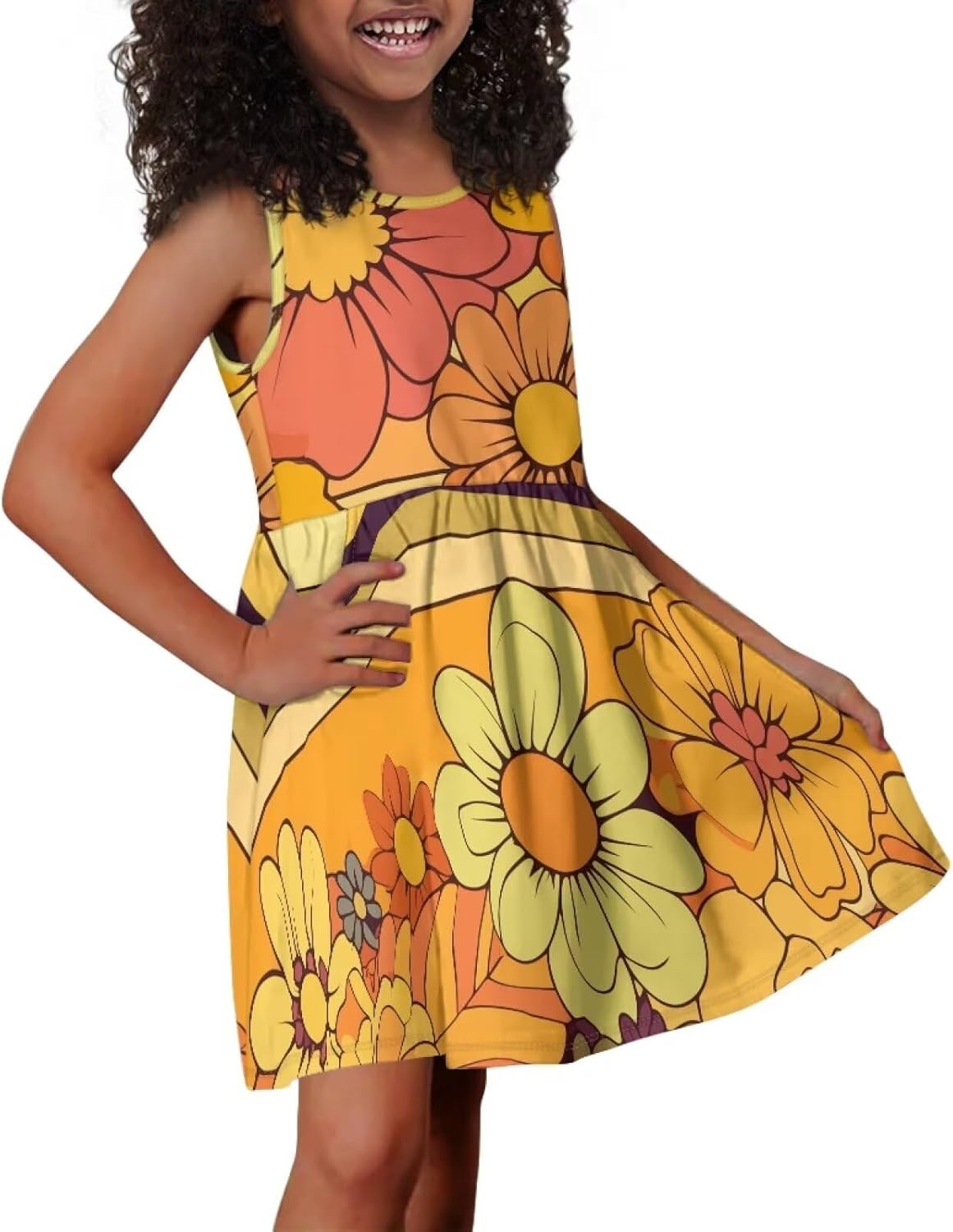 High Waisted Loose Fit A Line Sundress for Girls Crewneck Flared Swing Cute Dress with Pocket - Image 4