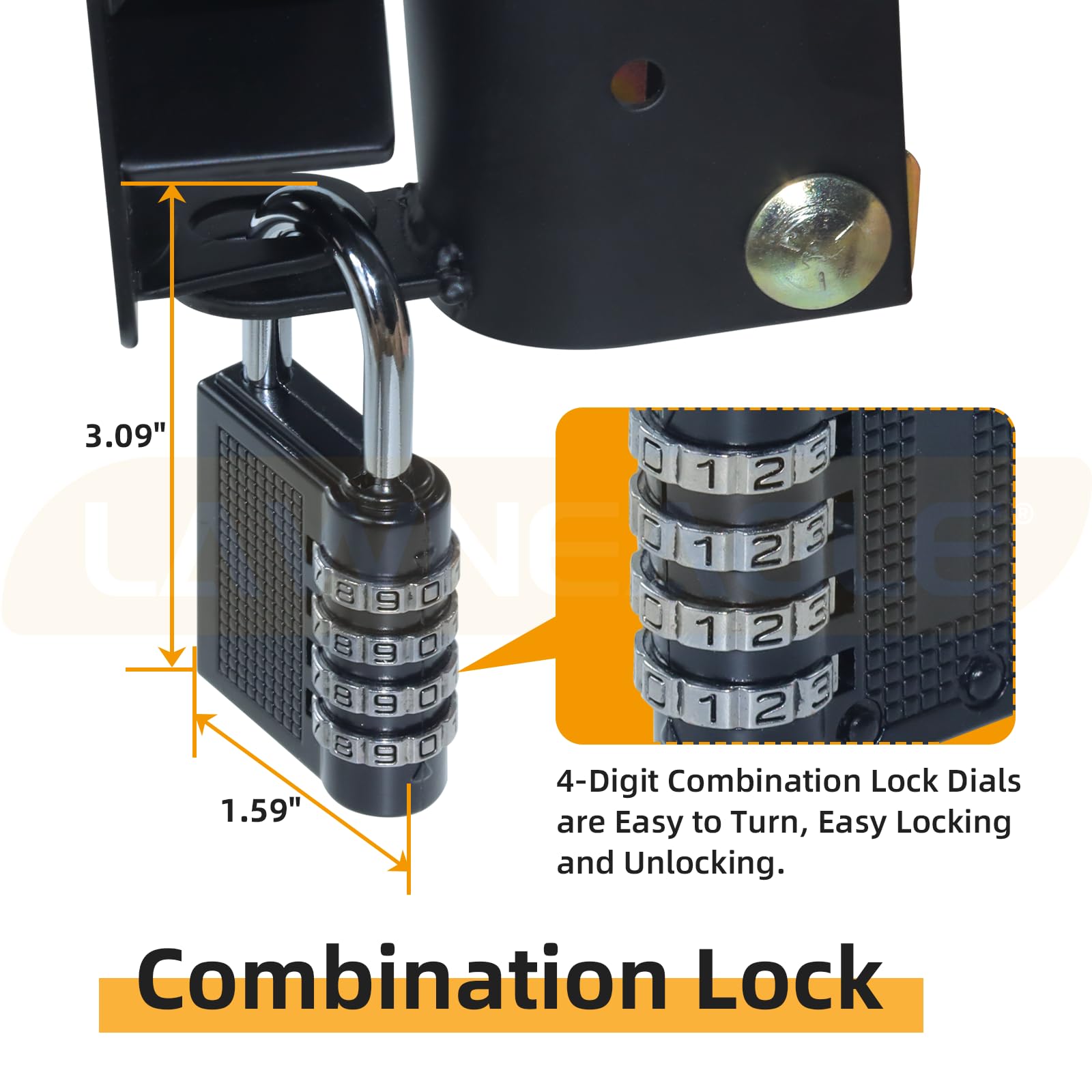 S16100700 - Pestillo de puerta de dos vías con cerradura para puertas de metal con tubos de 1-1/4 pulgadas a 1-1/2 pulgadas de diámetro con cerradura de combinación negra de 4 dígitos, fácil