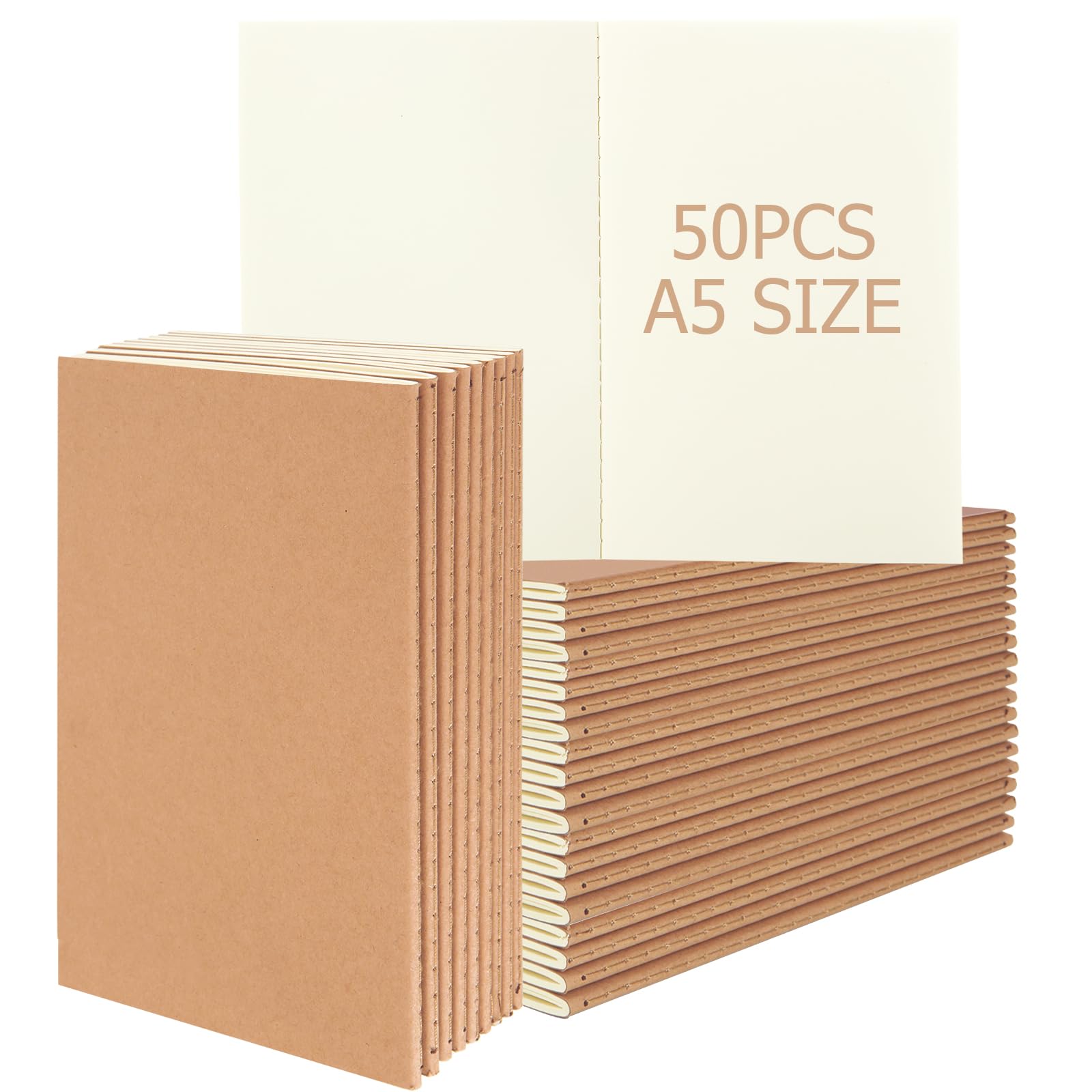 YOUNTHYE A5 Notebook, 50 Pack Kraft Notebooks A5 Journal Notebook Plain Pages, 60 Pages Blank Notepad Soft Cover Plain Paper Notebook for Students, Travelers, Office