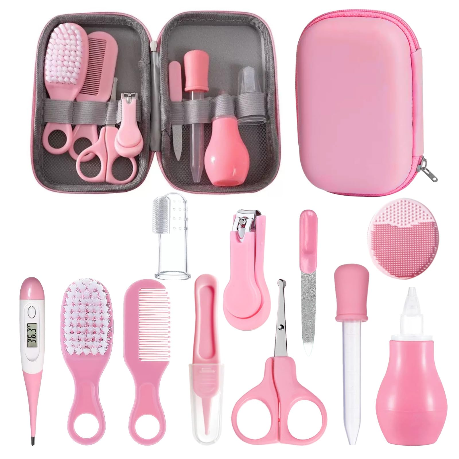 12Pcs Trousse de Soin Bebe Naissance, Trousse de Toilette Bebe, Sets et Trousses de Toilette, Ensemble Sécurité pour Bébé Sans BPA, Produits Puériculture our Les Voyages et Maison (Rose)