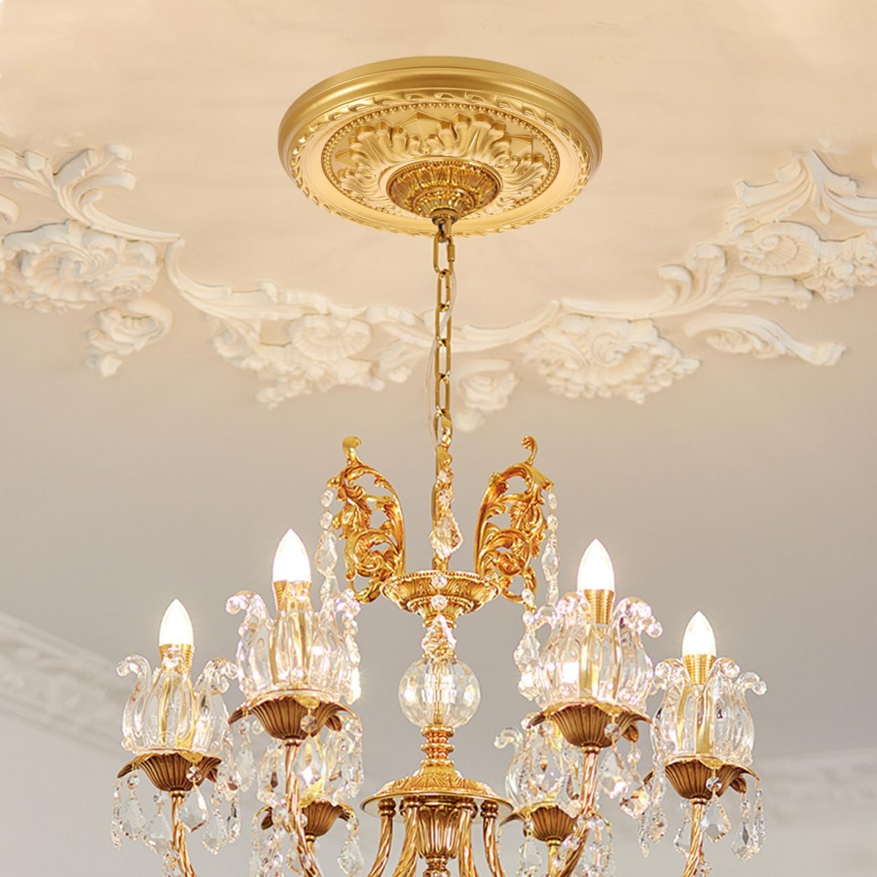 Cabilock Gold PVC Ceiling Medallion 12 Inch - Traditional Round Chandelier Medallion for Home Decor, Easy Install for Living Room, Bedroom, Commercial Spaces