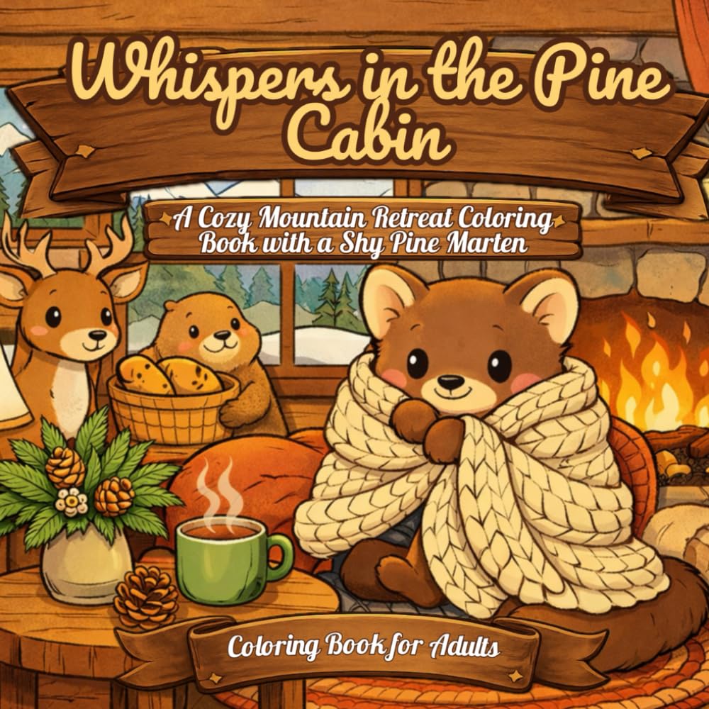 Cozy Mountain Forest Coloring Book for Adults: Relaxing Woodland and Mountain Cabin Scenes with a Shy Pine Marten, Warm Interiors, and Peaceful Nature for Stress Relief