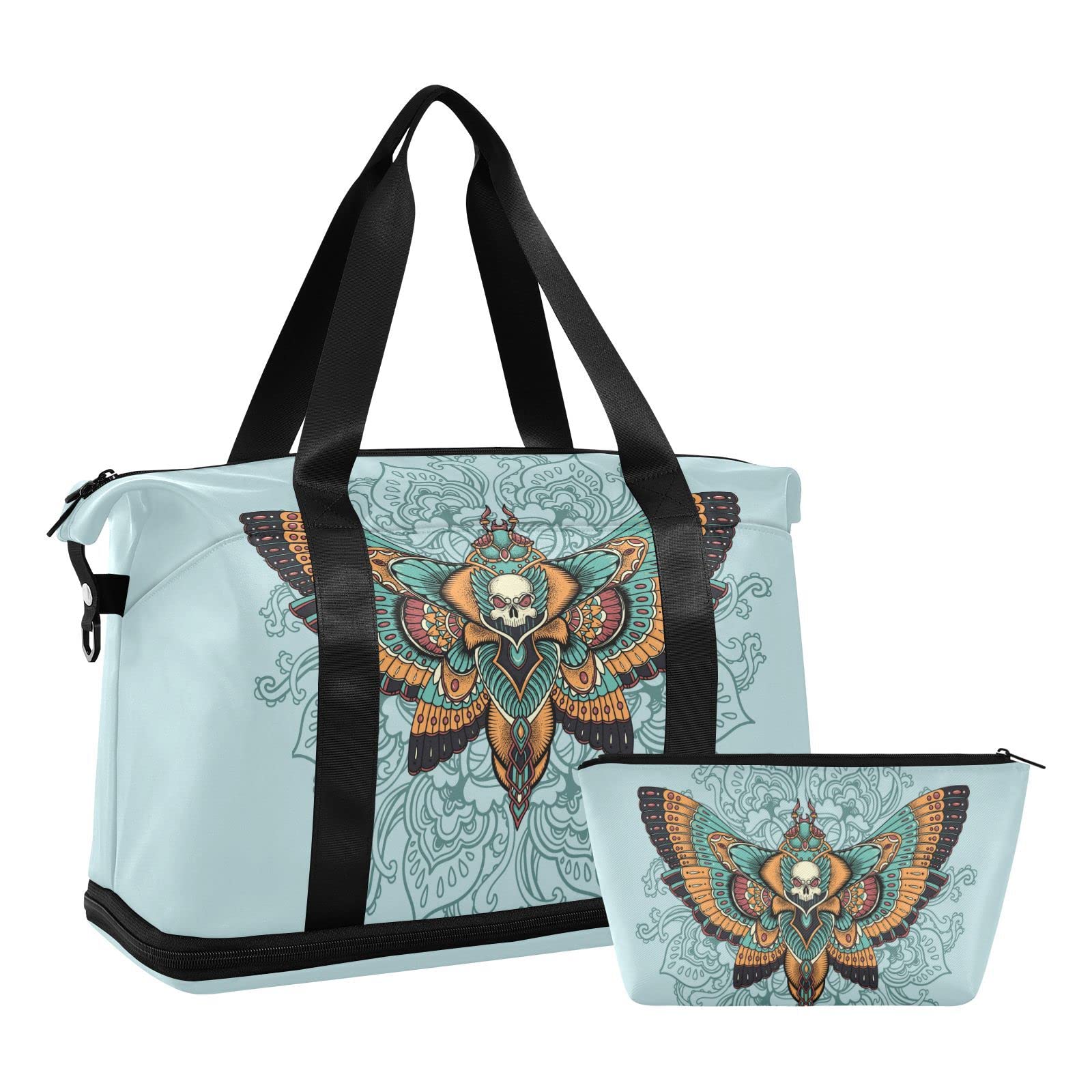 Gym Bag, Large Travel Swimming Sports Duffel Bags with Shoe Compartment Wet Pocket Women Men, Skull Butterfly Tote Gym Bag with Strap Handle Trolley Sleeve Makeup Bags
