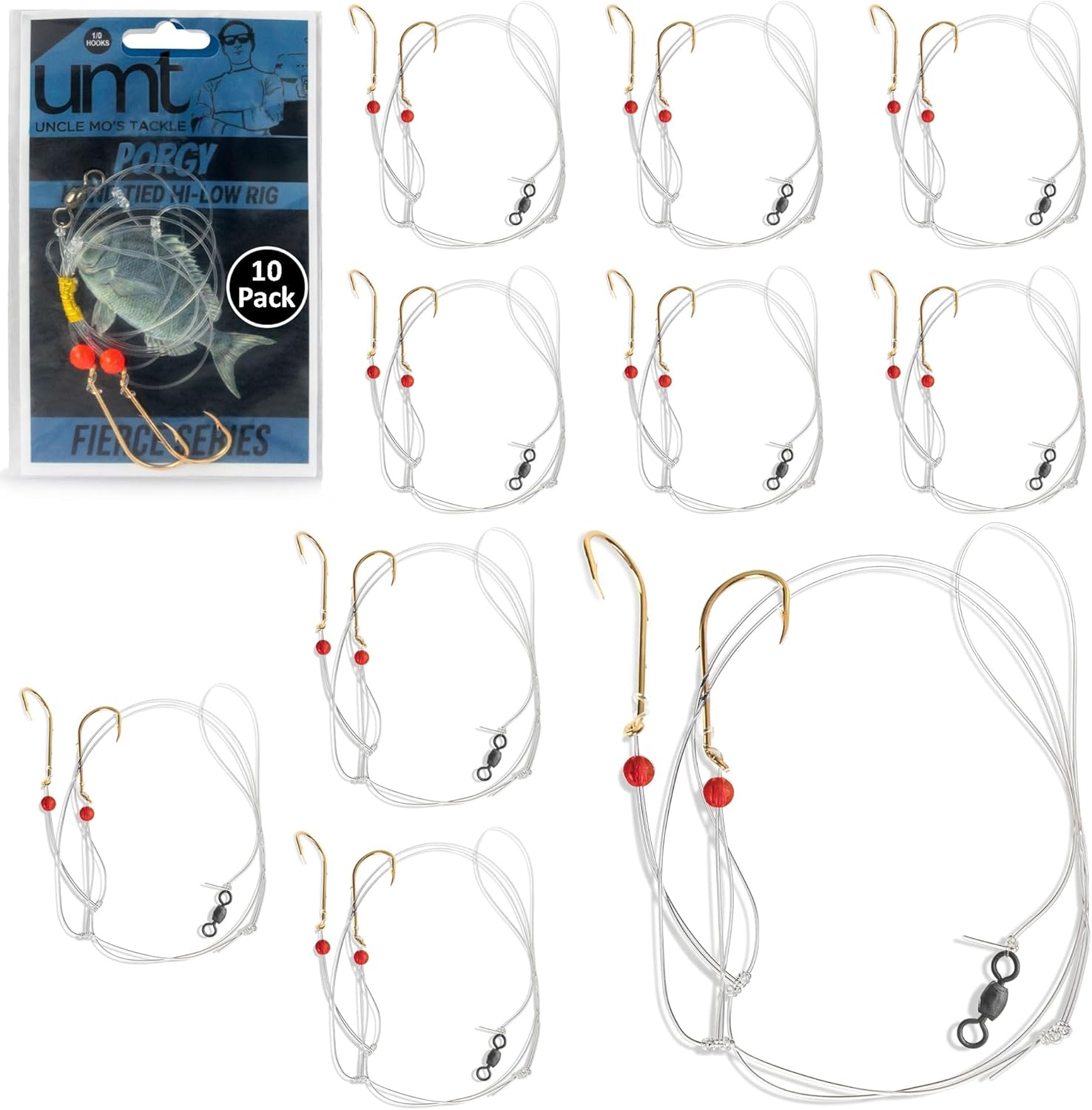 UMT Porgy Scup Hi/Lo Saltwater Fishing Rigs - Gold Mustad 1/0 Bait Hooks, 1, 5, 10 Pack Bulk Options, 60lb Heavy-Duty Mono, 80lb Swivel & Sinker Loop, Hand Tied - for Fluke, Sea Bass, Snapper, Tautog