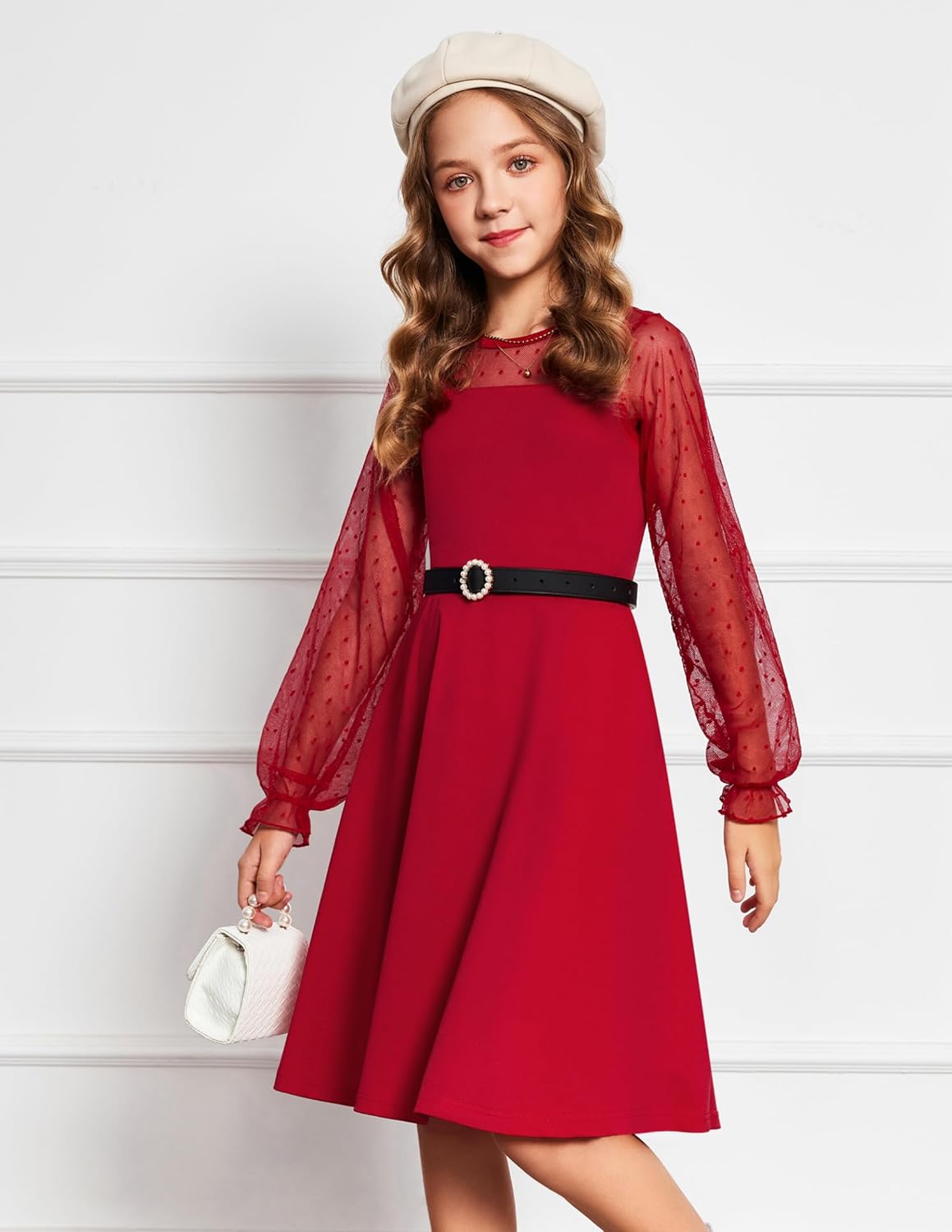 Flypigs Girl's Dress Sheer Mesh Puff Long Sleeve High Waist Party Dresses with Pockets for 6-13 Years - Image 3