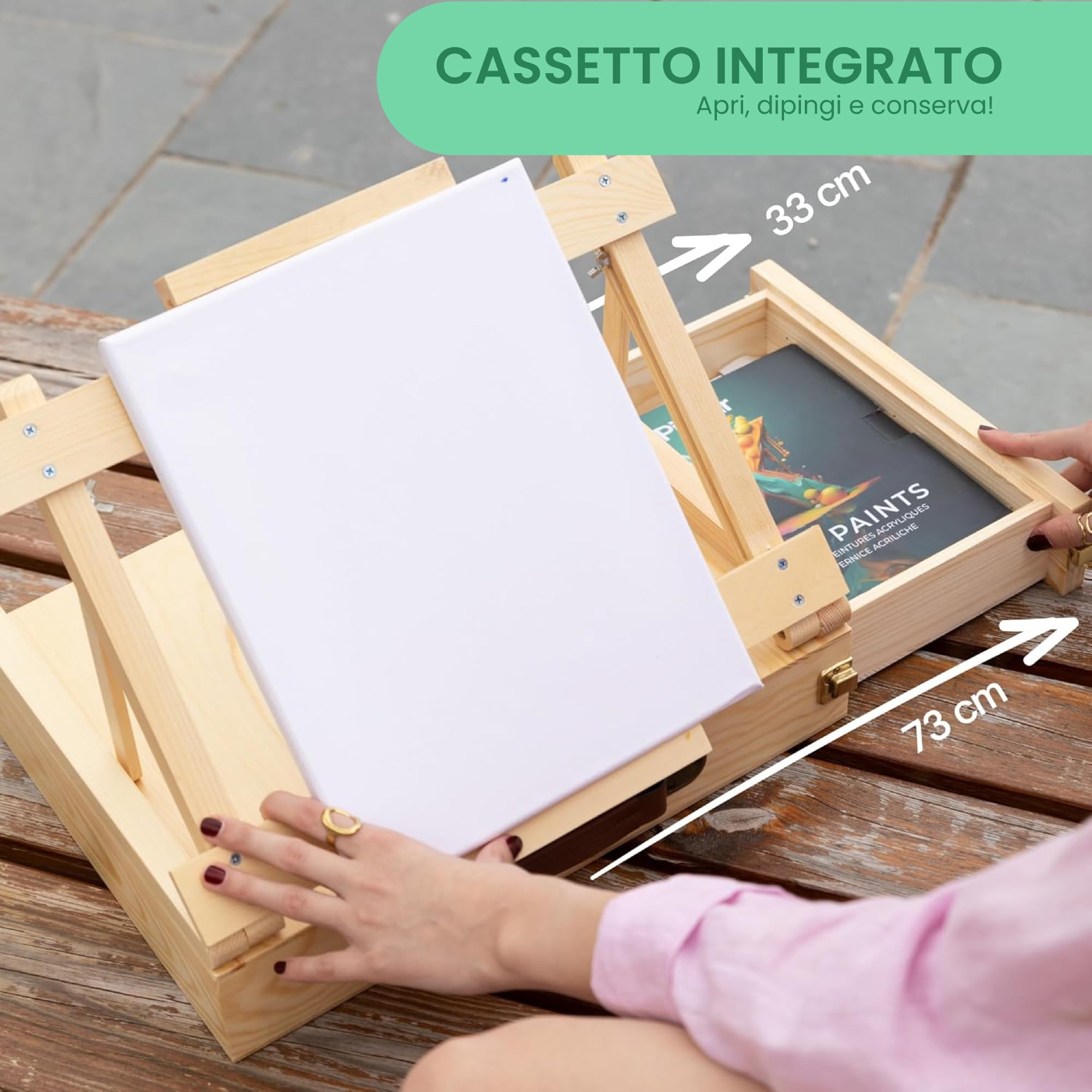 Kit pittura acrilica 34 pezzi cavalletto valigetta legno portatile 24 tubi 12 ml colori vivaci tela 24 x 30 cm 6 pennelli, spatola set completo adulti bambini principianti arte regalo creativo