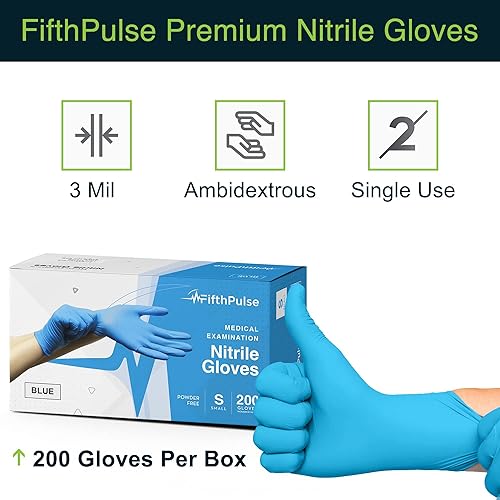 Miniatura 9 de Paquete de 50 guantes desechables de nitrilo sin látex y sin polvo de grado médico para usos quirúrgicos y dentales (color azul, 3 milímetros de