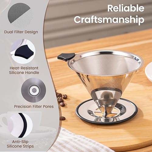 Miniatura 5 de 2.0 mejoradoGotero de café reutilizable de acero inoxidable con base antideslizante y asa, cafetera sin papel (plateado)