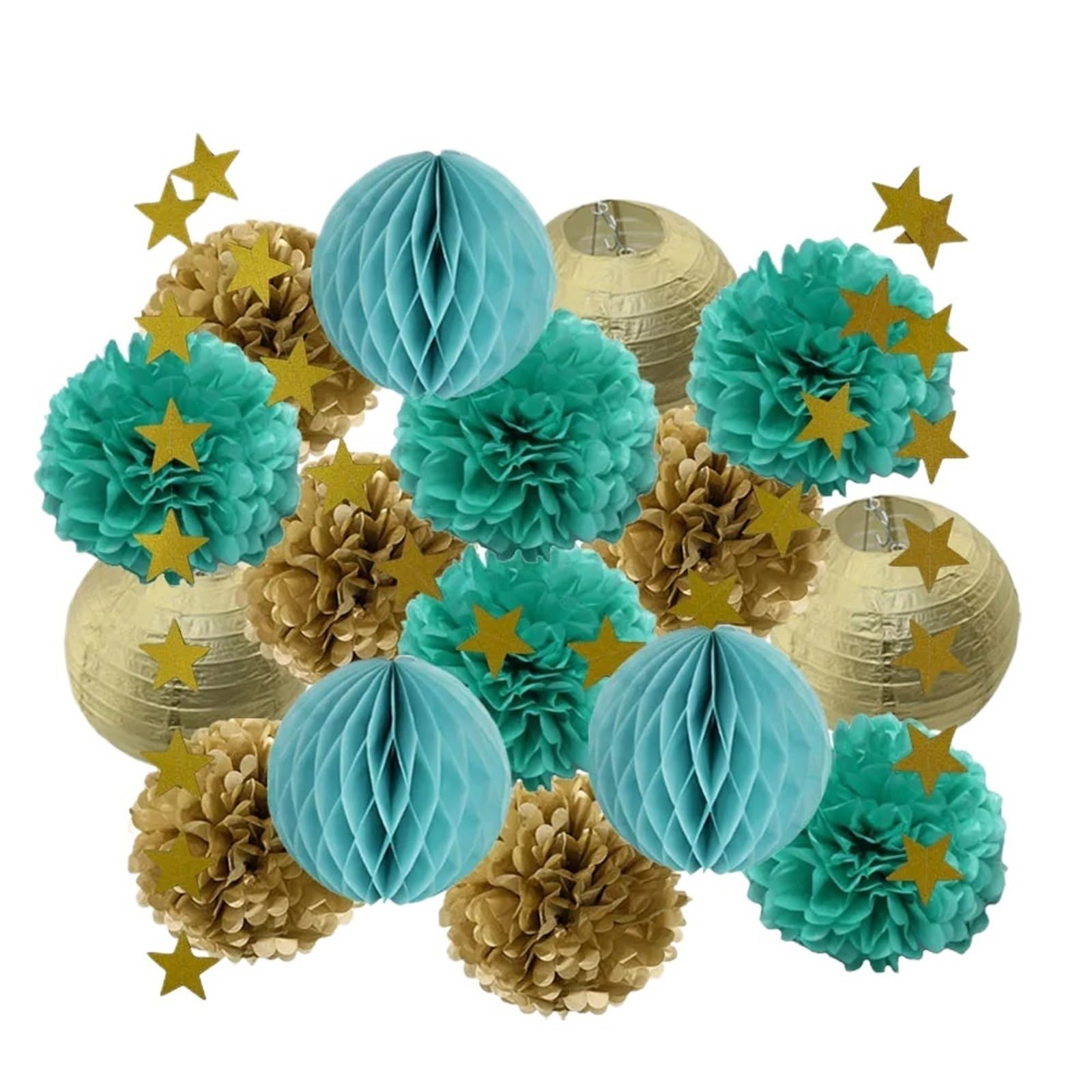 Paper Pom Poms Wedding Ceremony Events Decor Gold Paper Lanterns Honeycomb Red Tissue Pompom for Party Supplies(Gold Mint)
