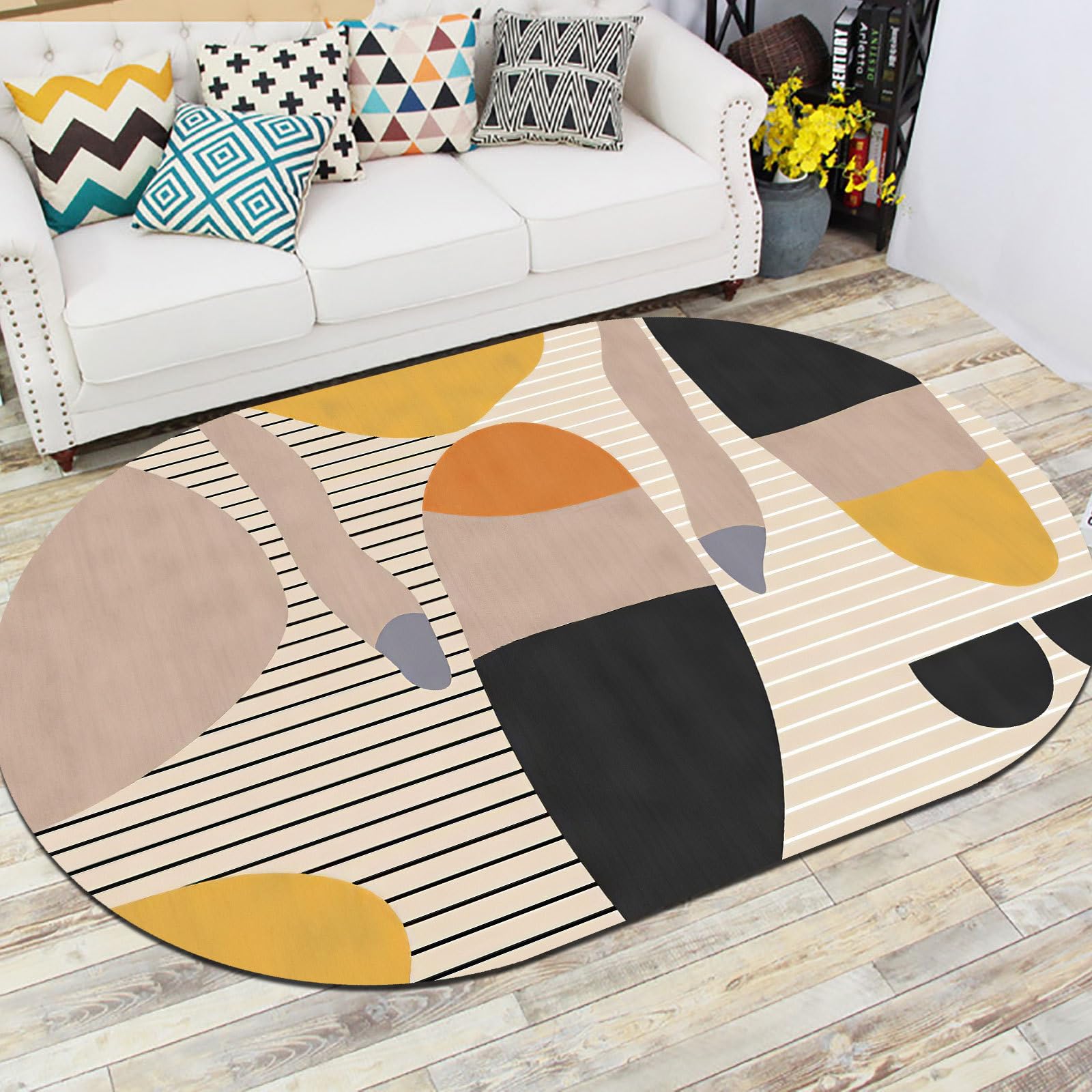 SRTJURFG owalny dywan, nowoczesny design, z krótkim włosiem, chodnik na schody, do pralni, mata podłogowa, nadaje się do prania, geometryczny, czarny, pudrowy żółty, 80 x 160 cm