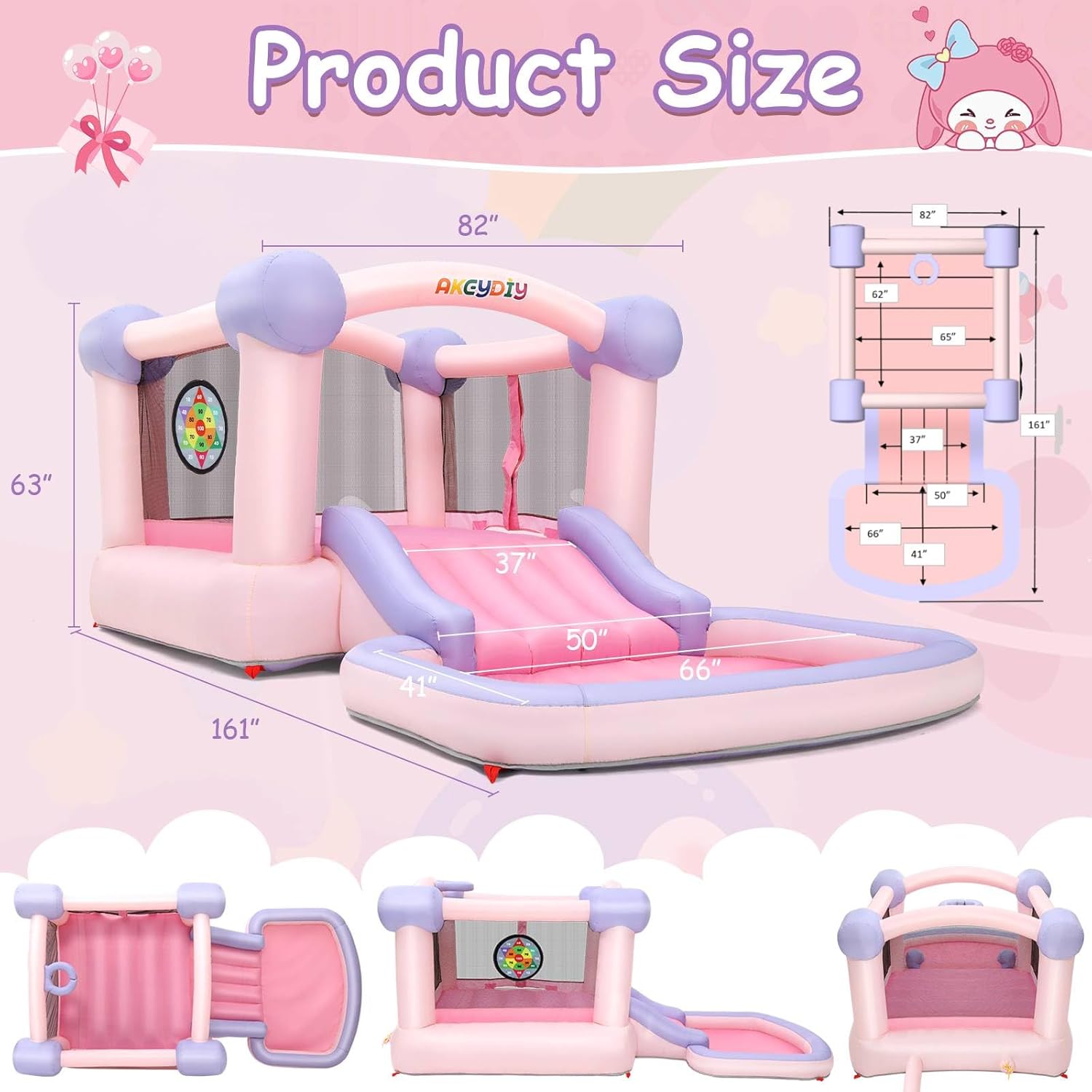AKEYDIY Bounce House with Blower, 161x82x63 Inch Inflatable Bounce House Castle with Ball Pit and Slide, Pink Jumper Bouncy House Backyard Indoor Fun for Kids Birthday Party