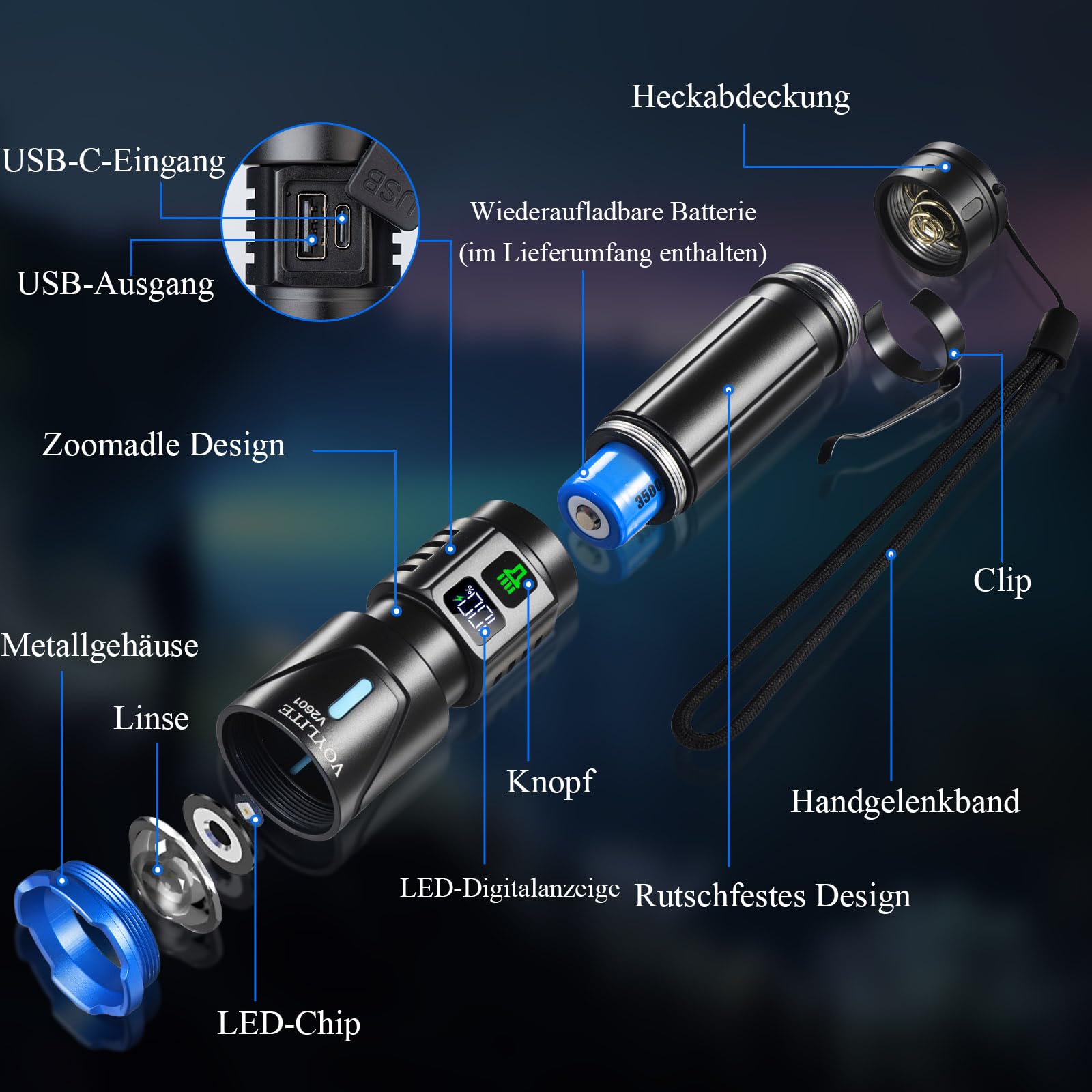 Lot de 2 Lampe Torche LED Rechargeable, 1000000 LM Ultra Puissante | 24H Éclairag（2 X lampe), Portée de 1500m, 3 Modes, Zoomable, LCD Display, IPX7 étanche Pour Camping/Randonnée/Outdoor (pince)