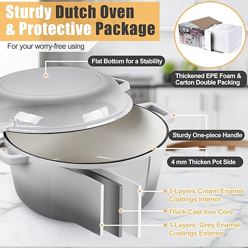 Miniatura 10 de P&P CHEF - Olla de horno holandés esmaltado rojo para hornear pan, horno holandés redondo 2 en 1 de hierro fundido de 5 cuartos con juego de tapa,