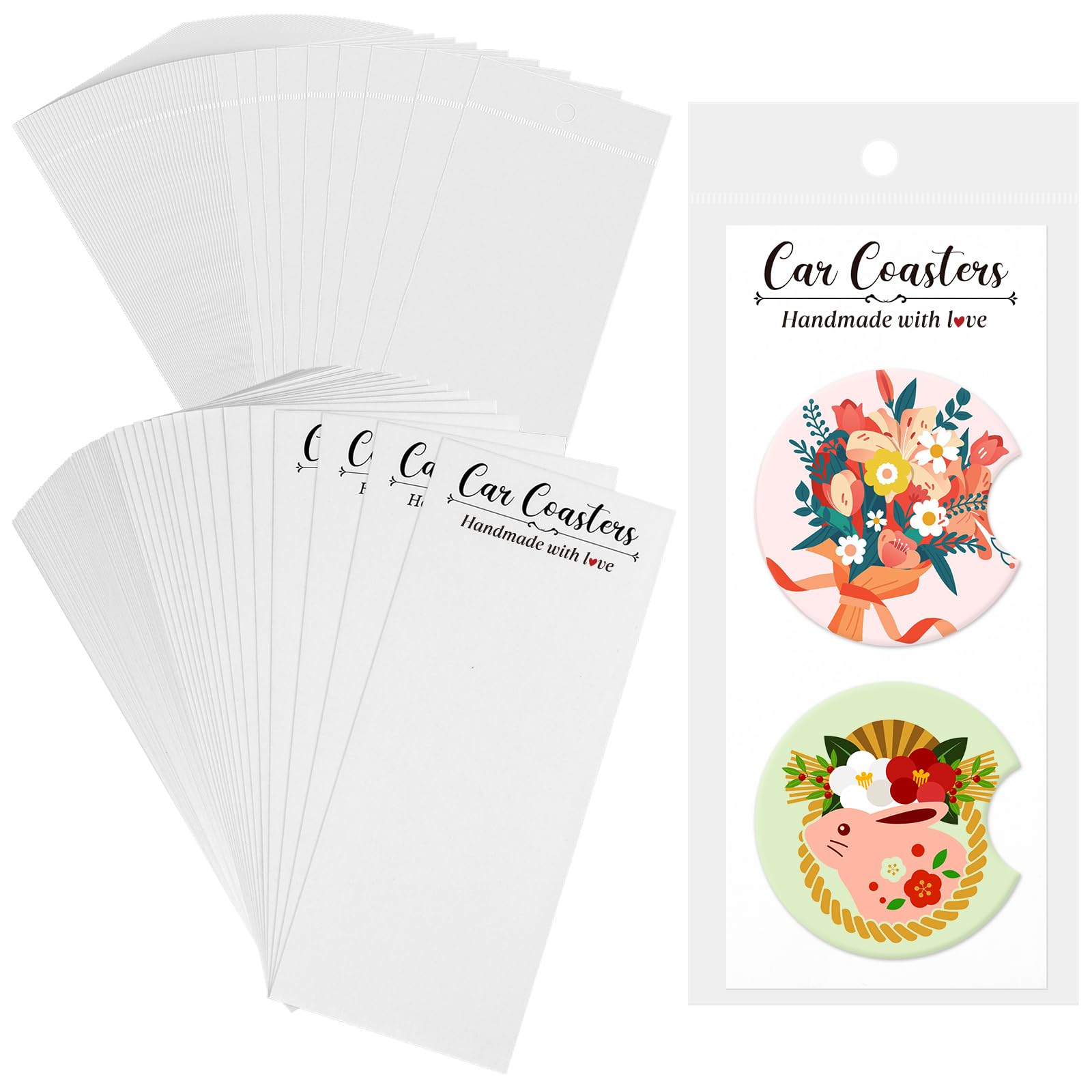 NACHLYNN 60pcs White Car Coaster Packaging for Selling 6.8 x 2.9 in Sublimation Blanks Display Cards Car Coaster Packaging Self Seal Bags for Packing a Pair of Cup Coasters