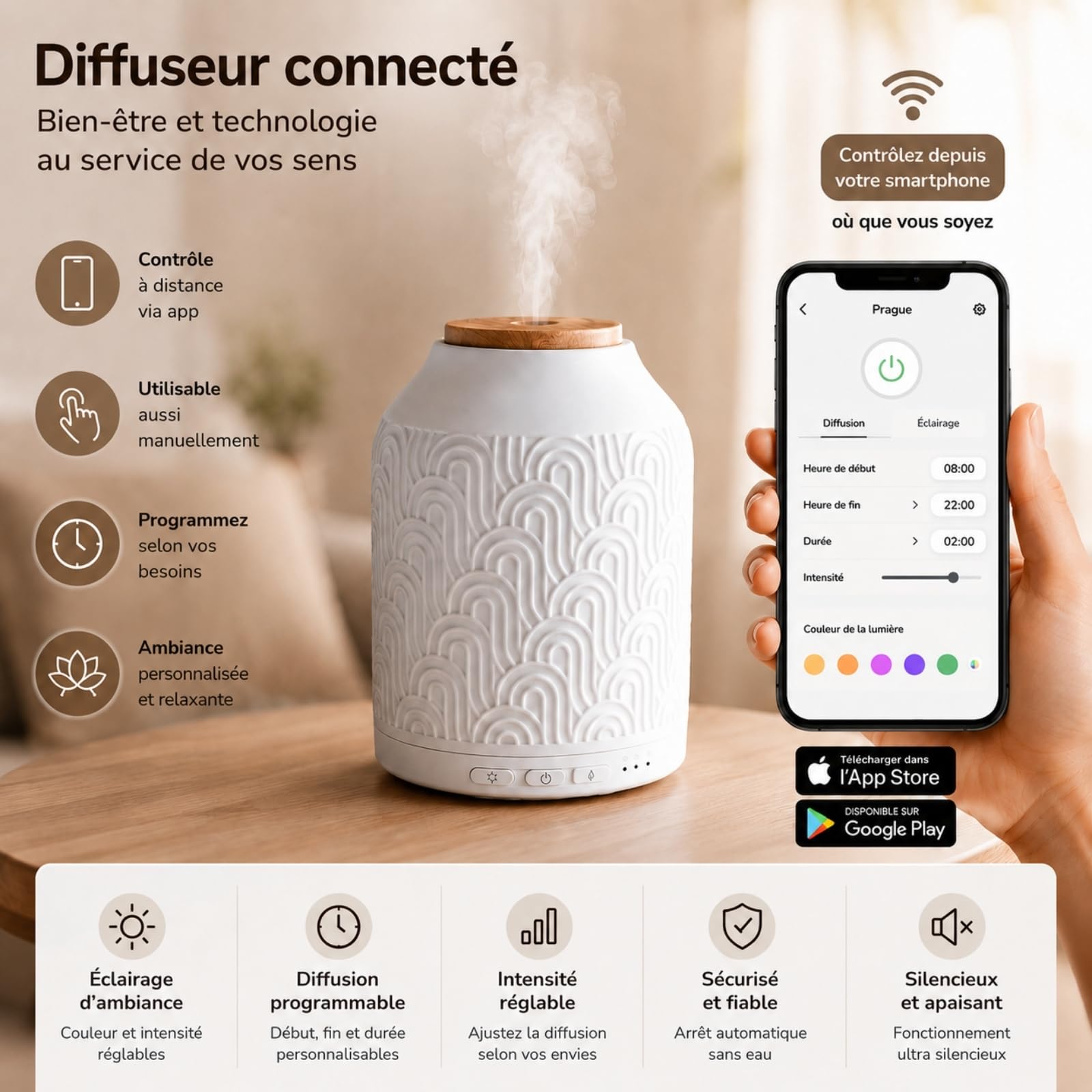 Zen'Aroma Difusor de Aceite Esencial WiFi Praga - Difusor Eléctrico Conectado Compatible Alexa/Google Home - Control Total Remoto en la App Tuya Smart - Materiales Naturales Madera y Cerámica