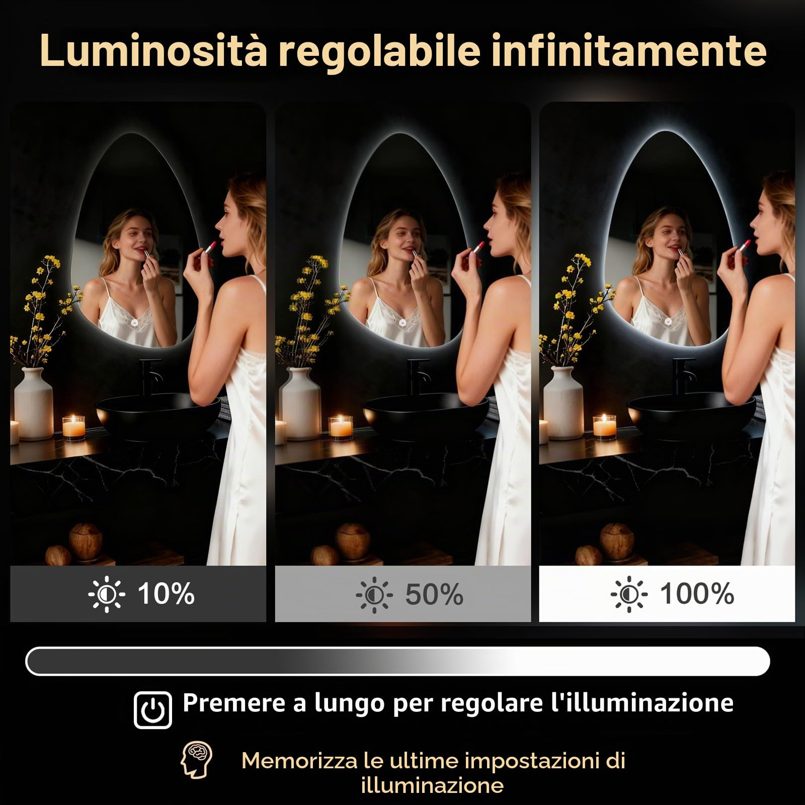 Specchio da parete rotondo per bagno, con illuminazione, specchio con luce LED, interruttore touch e 3 colori dimmerabili (60 L x 40 cm)