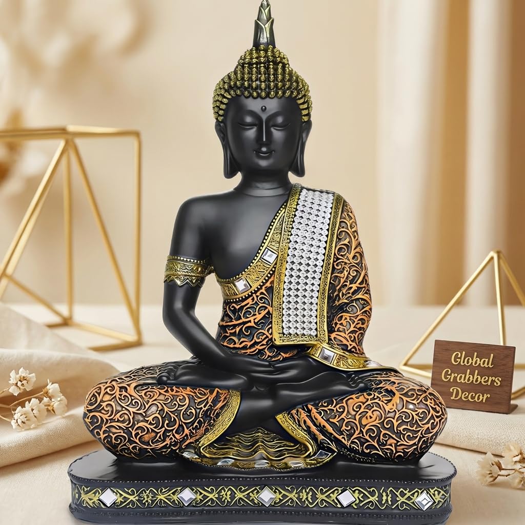 Global Grabbers New 25 Centimetre Meditating Sitting Buddha Statue showpiece Idol Home Decor Items for Living Room and Gifts (1, Orange Black)-image-2