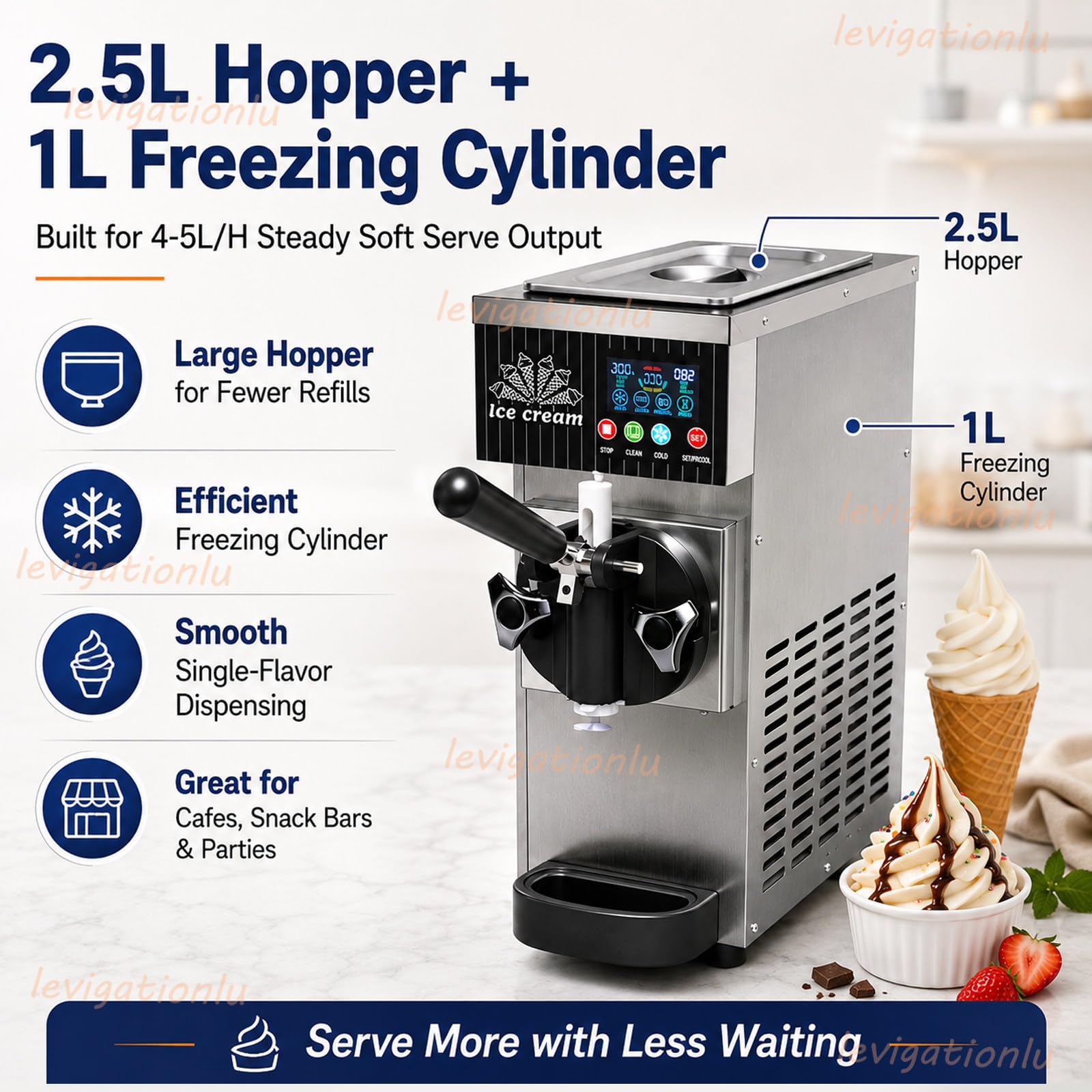 Máquina De Helado Soft para Casa, 4-5 L/H Máquina para Hacer Helados con Pantalla LCD, Preenfriamiento Y Limpieza Automática, para Tarrinas, Sorbetes, Postres Y Cucuruchos White