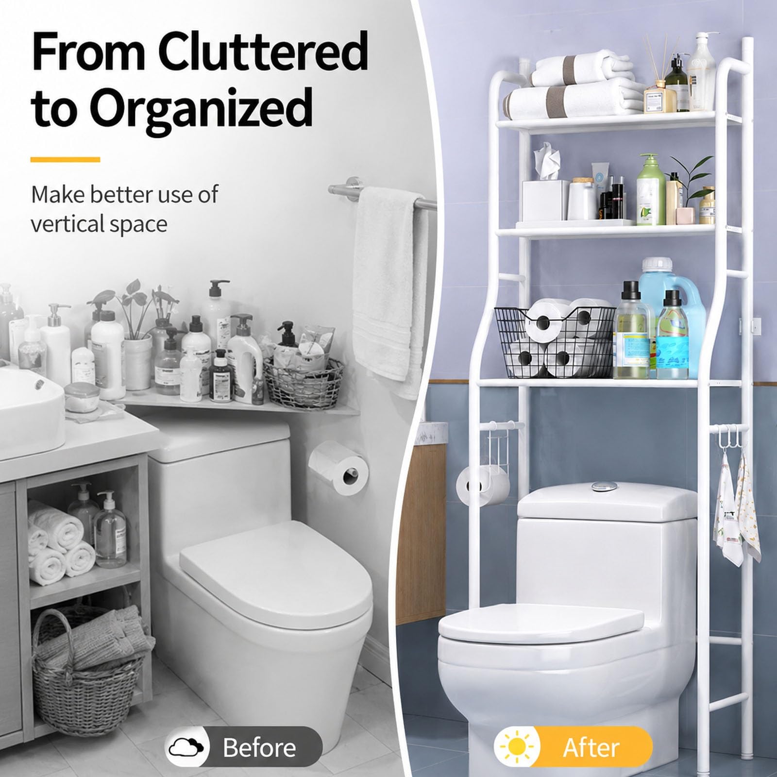Mobile Sopra WC a 3 Ripiani, Scaffale Portaoggetti Bagno Autoportante | Organizzatore WC Salvaspazio per Piccoli Bagni, Mensola Sopra Toilette per Asciugamani(White)