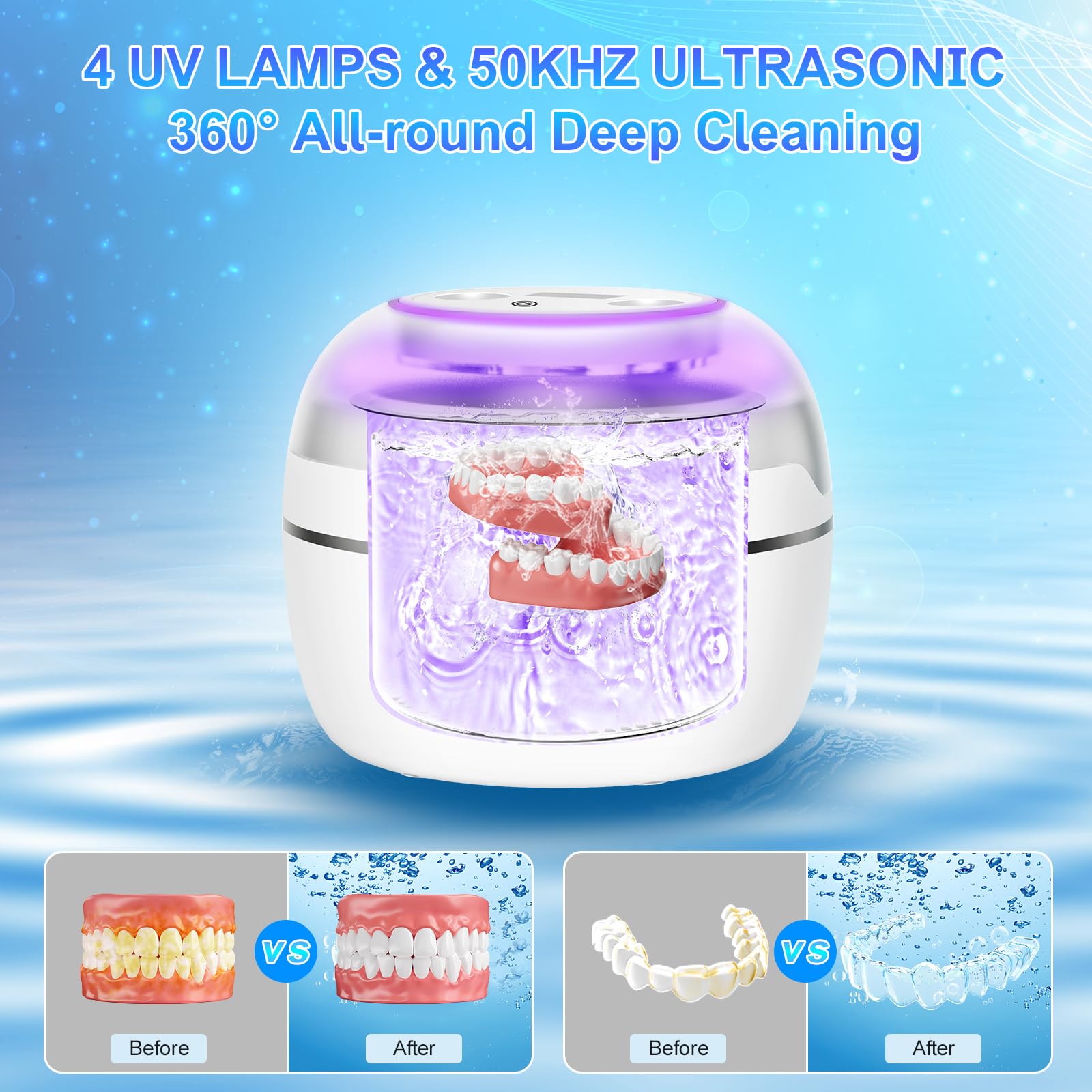 Nettoyeur Ultrasons 50000Hz Bac Ultrasons avec Lampe UV et 4 Modes, 250ML Ultrasonic Retainer Cleaner Dental Pod Dentaire pour Prothèses Dentaires, Gouttière Dentaires, Retainer, Bijoux, Blanc
