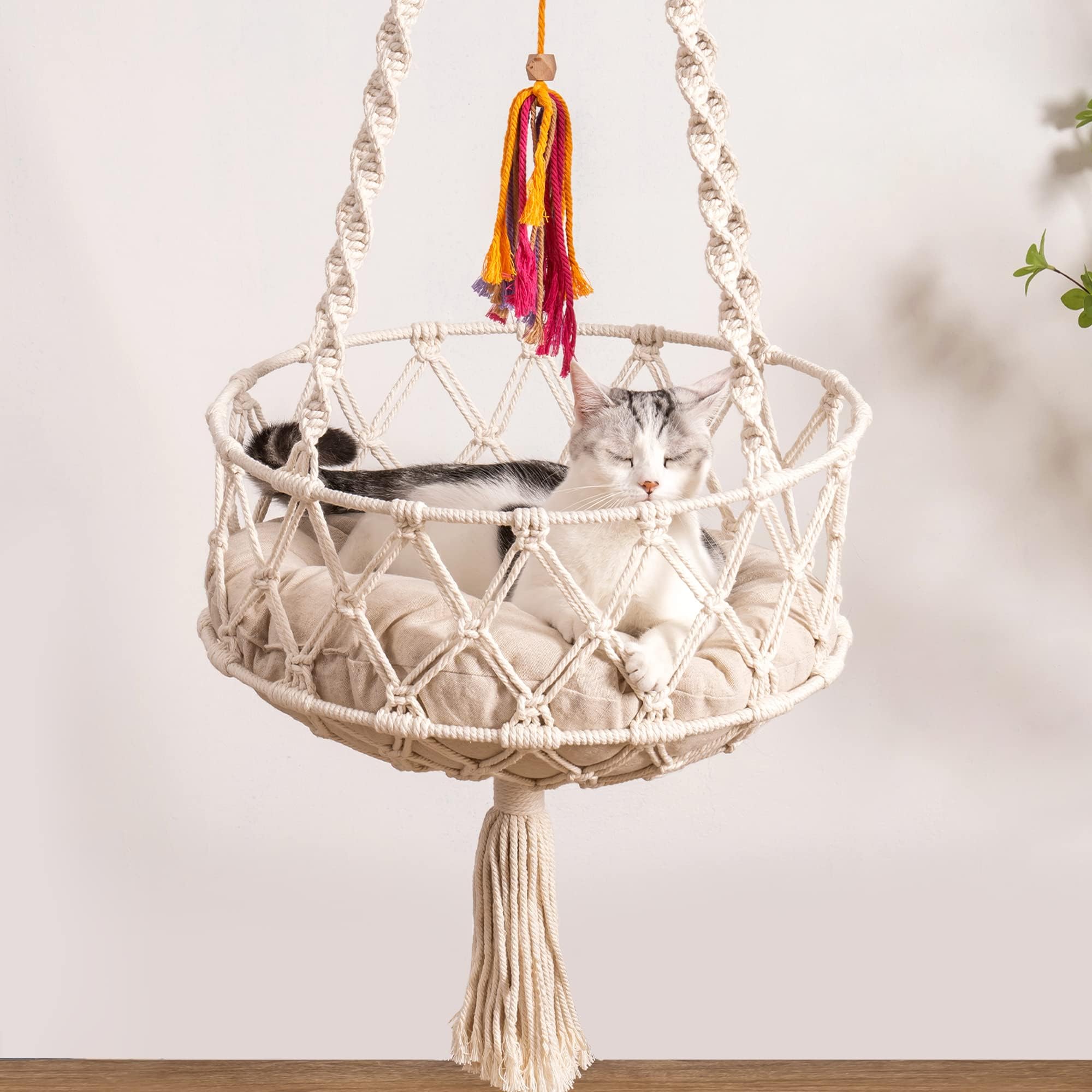 MEWOOFUN Hanging Macrame Cat Hammock Bed, Cat Swing Bed Space Saving Window Perch