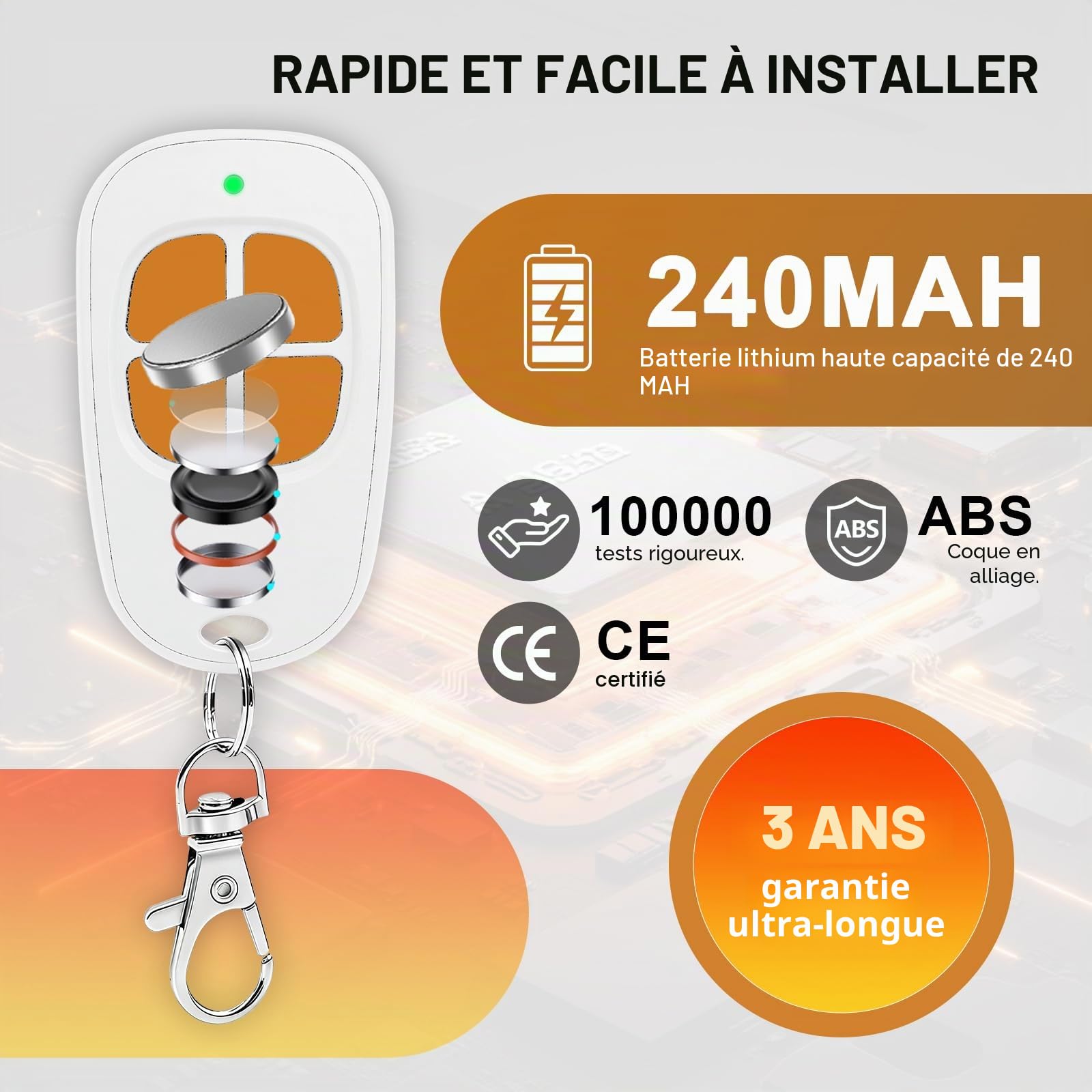 Lot de 3 AAM0094 Télécommande Portail Garage 4 Canaux, 433.92MHz Compatible SCS Motorisation Portail et Porte de Garage(orange)