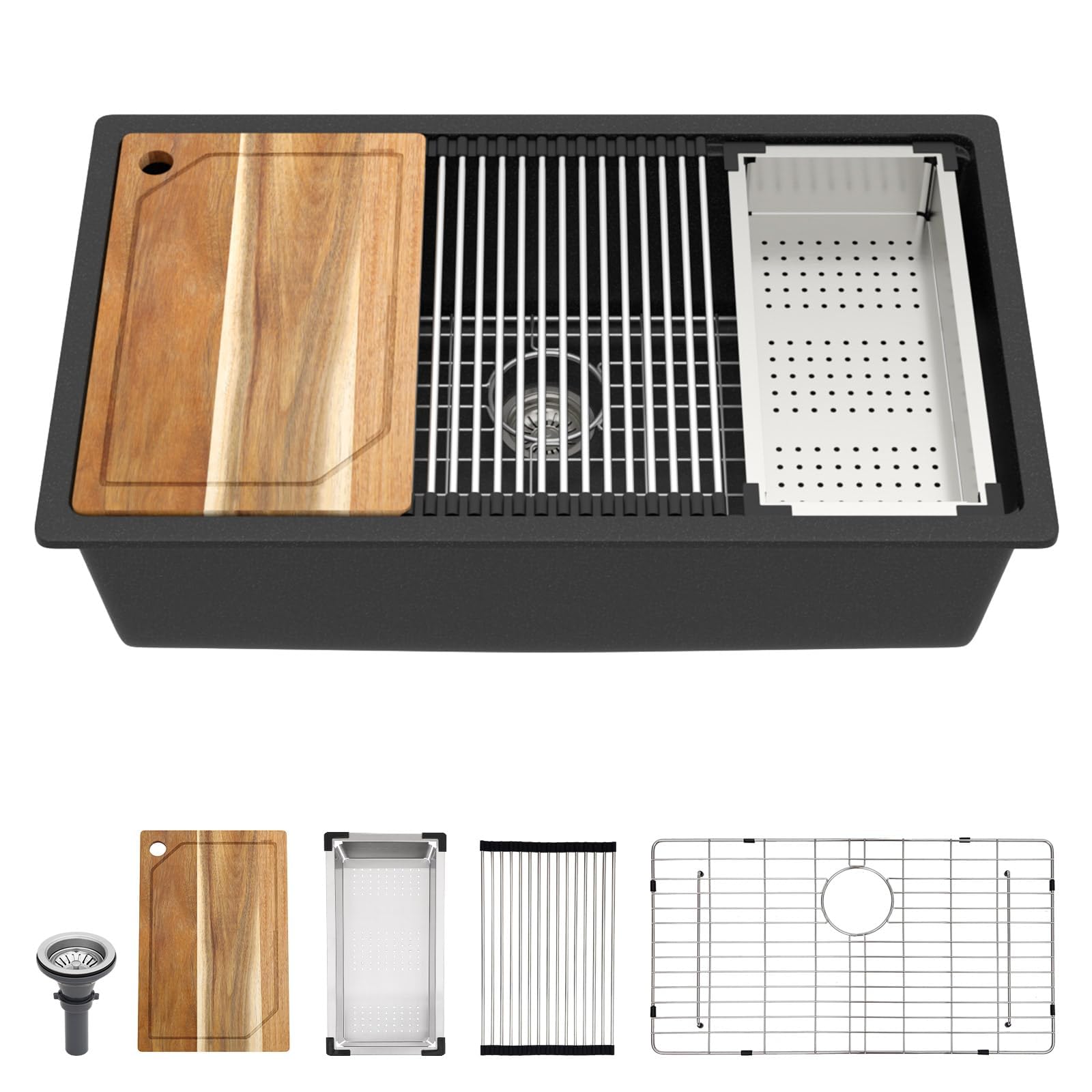 Photo 1 of Talllor 32 Inch Granite Composite Kitchen Sink - Black Undermount Workstation All-In One Classic Quartz Under Counter Single Bowl Sink Basin with Accessories, 32x19#TLGU-101
