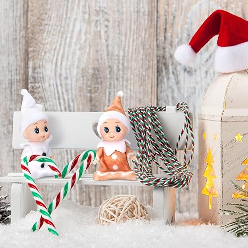 Miniatura 5 de 2 piezas de muñeca elfo de Navidad, pequeños gemelos en pantalones con babero y body accesorios en miniatura, juguete de elfo verde y rojo, adecuado