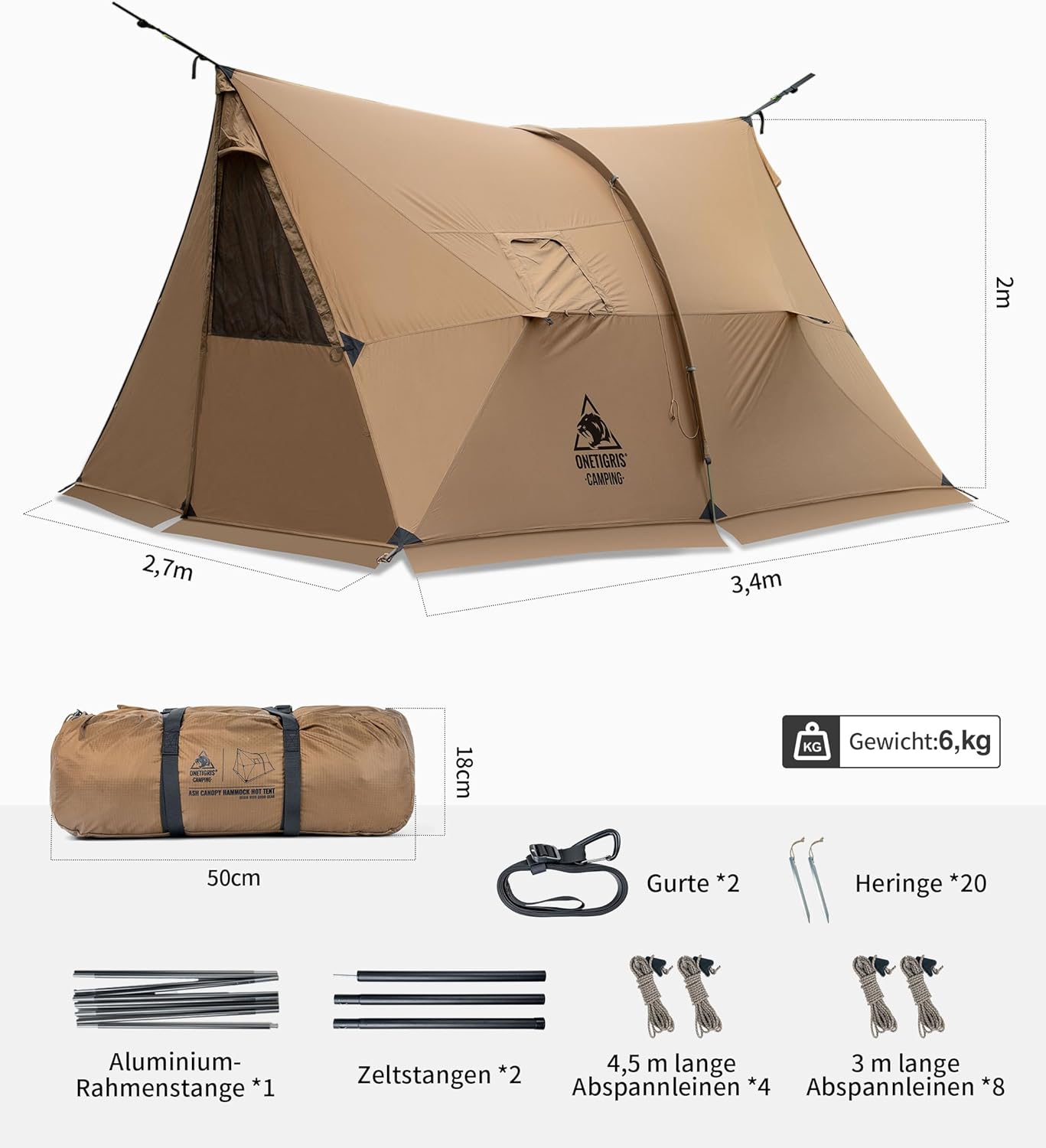 OneTigris ASH Canopy Tienda de campaa para 2-4 personas, impermeable, 3000 mm, resistente al viento, tienda de campaa grande y clida, para invierno, tienda de campaa para exteriores, tamao