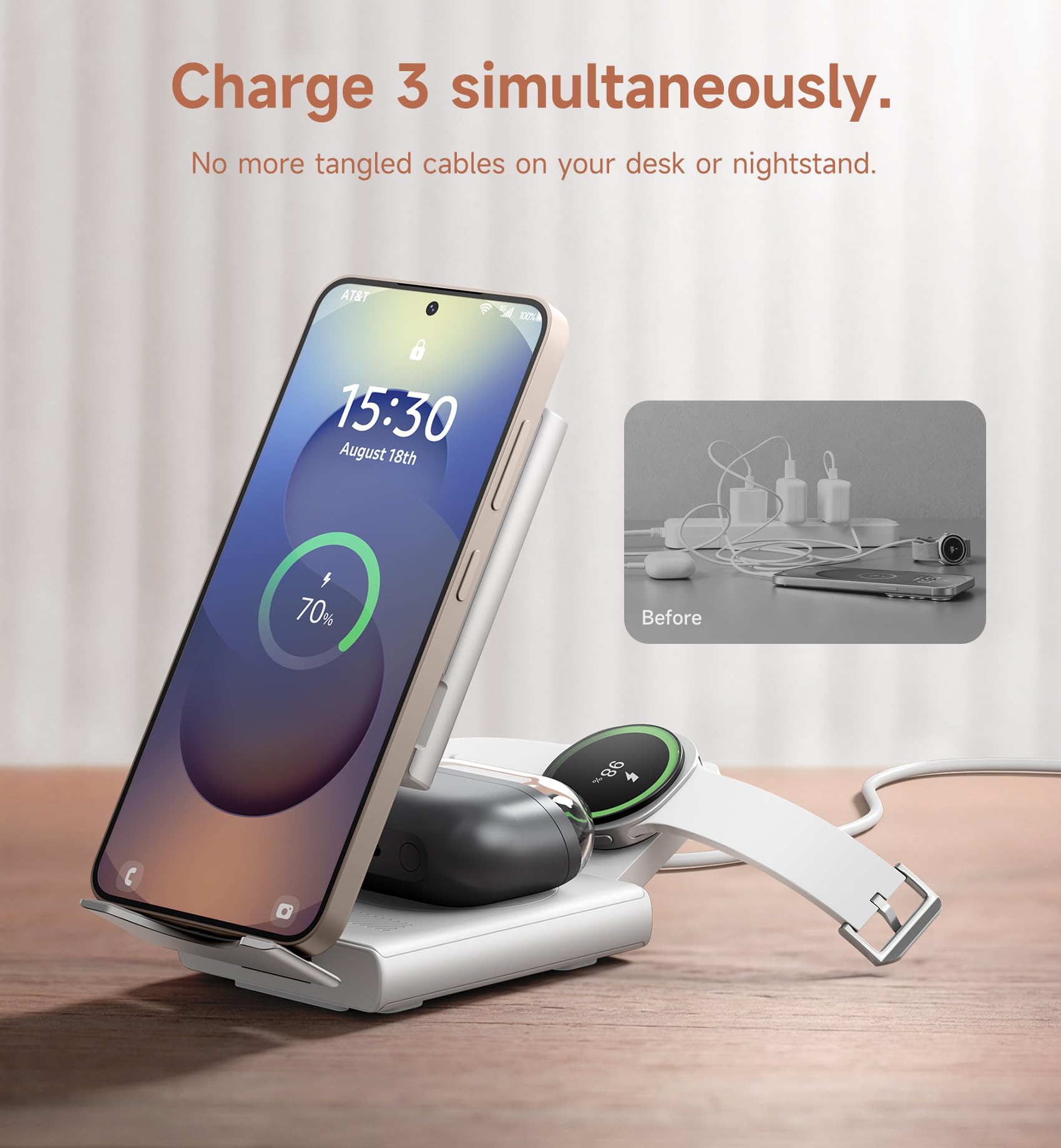 SURITCH Station de Charge Compatible avec Samsung, 15W 3 en 1 Station de Recharge sans Fil Dock de Recharge Pliable pour Galaxy S25 S24 S23 S22 S21 Z, Galaxy Watch 7/6/5/4/3, Galaxy Buds, Blanc
