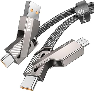 SHEZI 4-in-1 USB C Cable Micro USB Cable 60W [Fast Charging & Data Sync] Flat Braided Anti-Tangle Multi iPad Android Phone Charger Cord Combo Micro/Type C/USB A Ports, 5ft