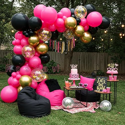 Miniatura 2 de Hermoso kit de guirnalda de globos de color rosa intenso de 127 piezas con globos rosas y negros, detalles de mariposa dorada para baby showers,
