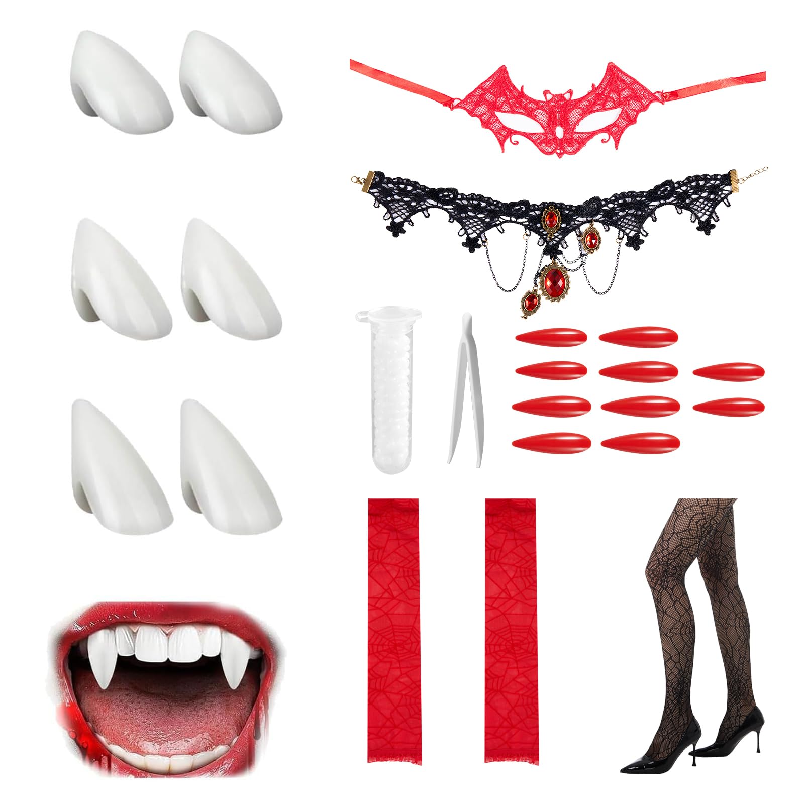 Vampire Teeth for Adults - [18 in 1 Pack] Multi-Size Resin Vampire Fangs Set with Premium Accessories for Party and Cosplay