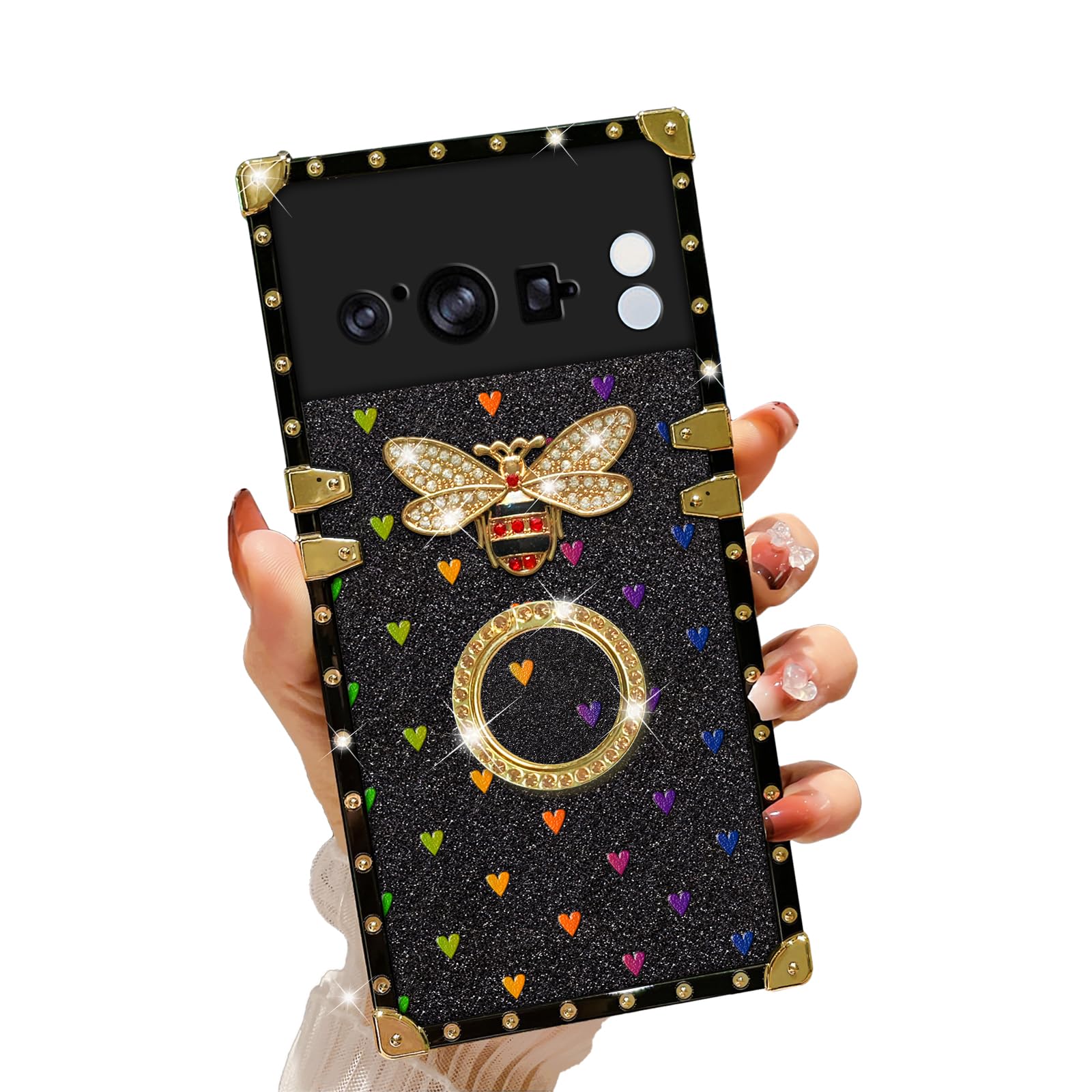 nancheng for Google Pixel 8 Pro Case for Girls Women Stylish Luxury Bees Design Cases for Pixel 8 Pro Phone Case with Ring Stand Holder + Strap